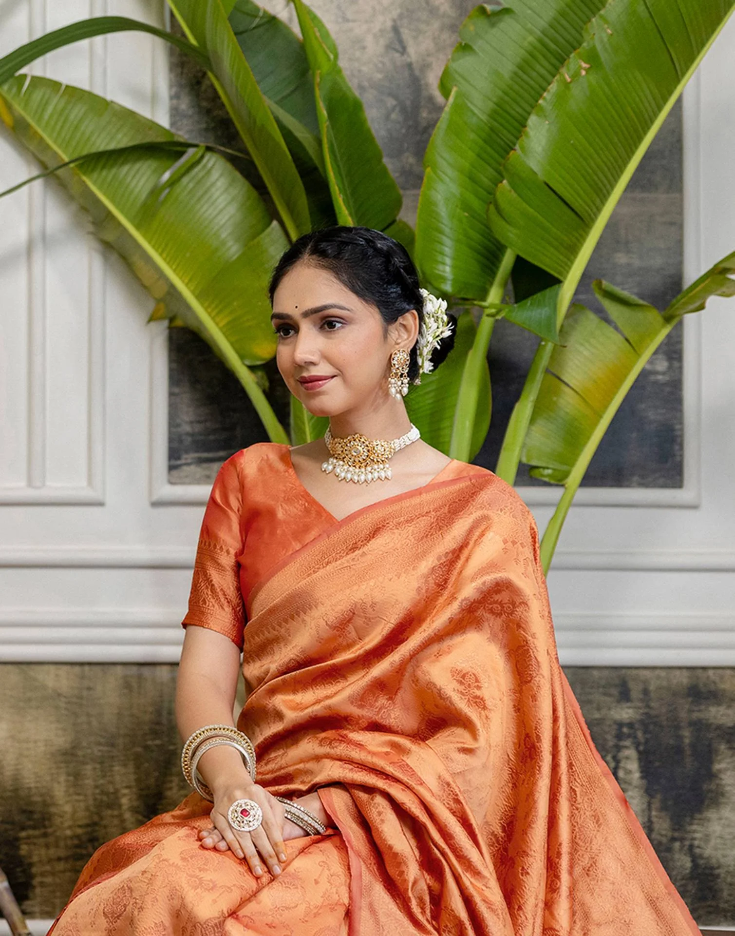 Peach Silk Woven Kanjivaram Saree - Image 4