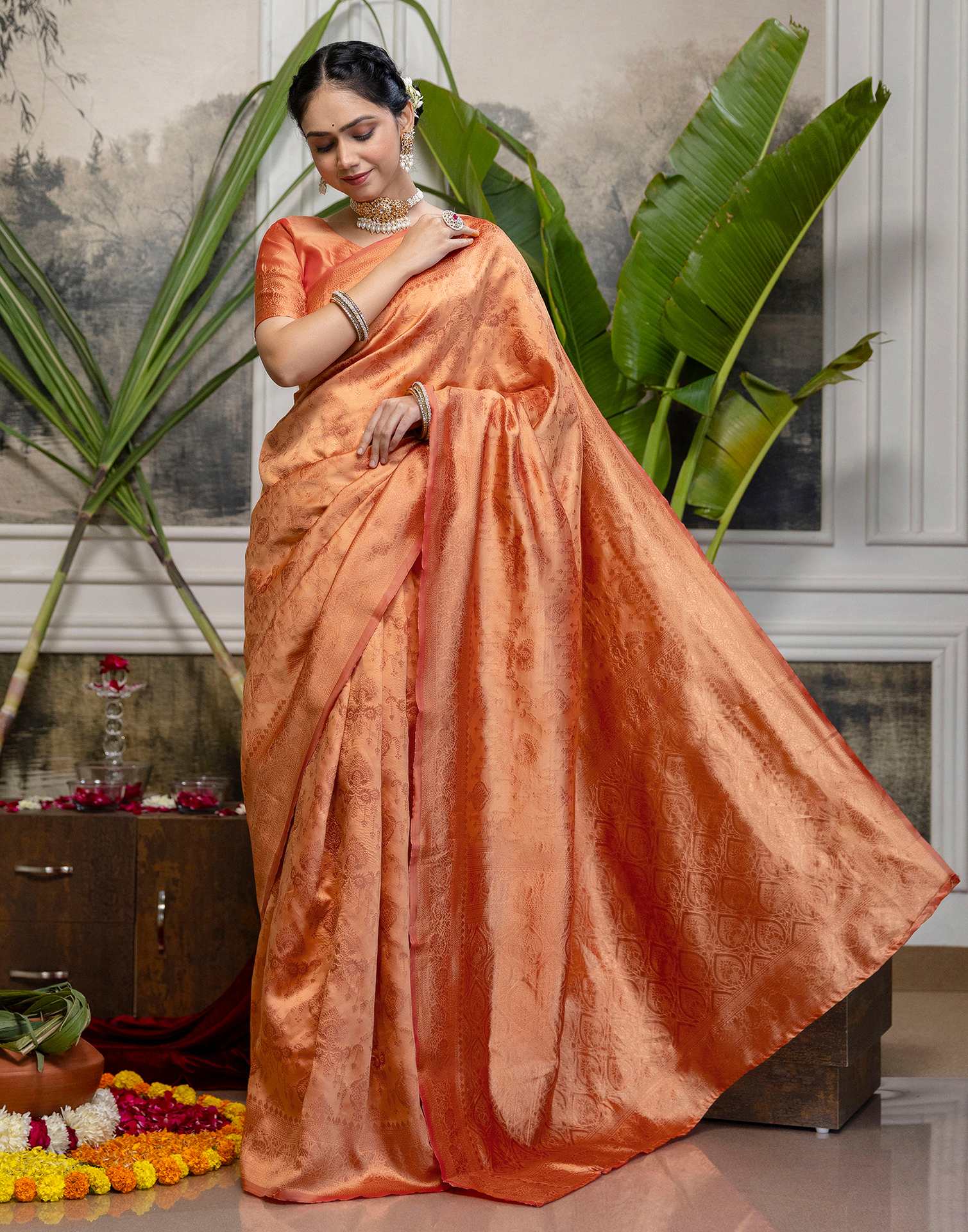 Peach Silk Woven Kanjivaram Saree - Image 6