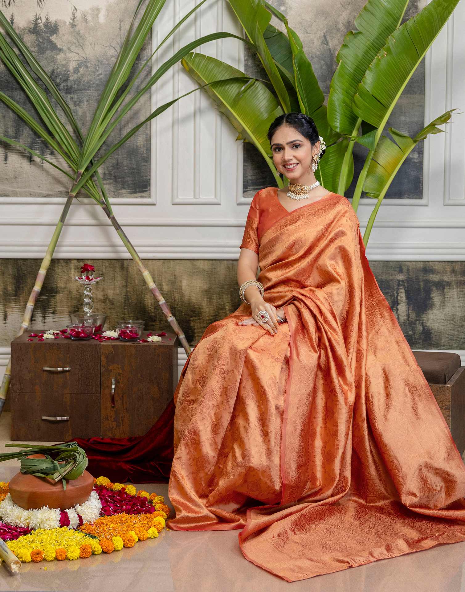Peach Silk Woven Kanjivaram Saree - Image 8