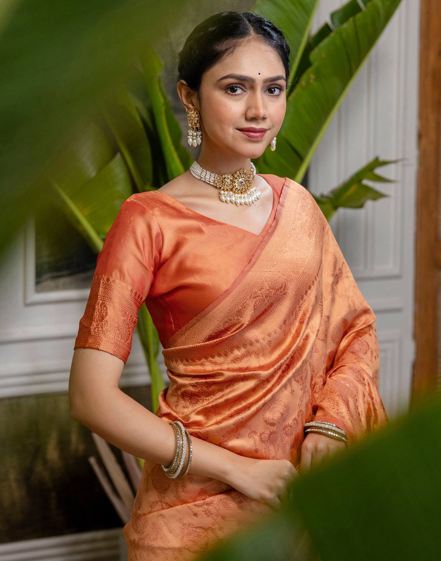 Peach Silk Woven Kanjivaram Saree - Image 9