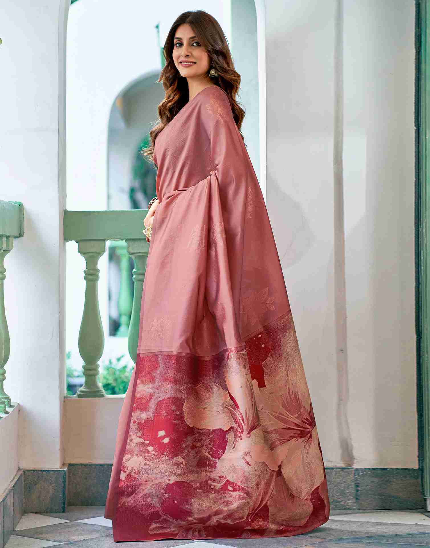 Dark Peach Silk Woven Banarasi Saree - Image 4