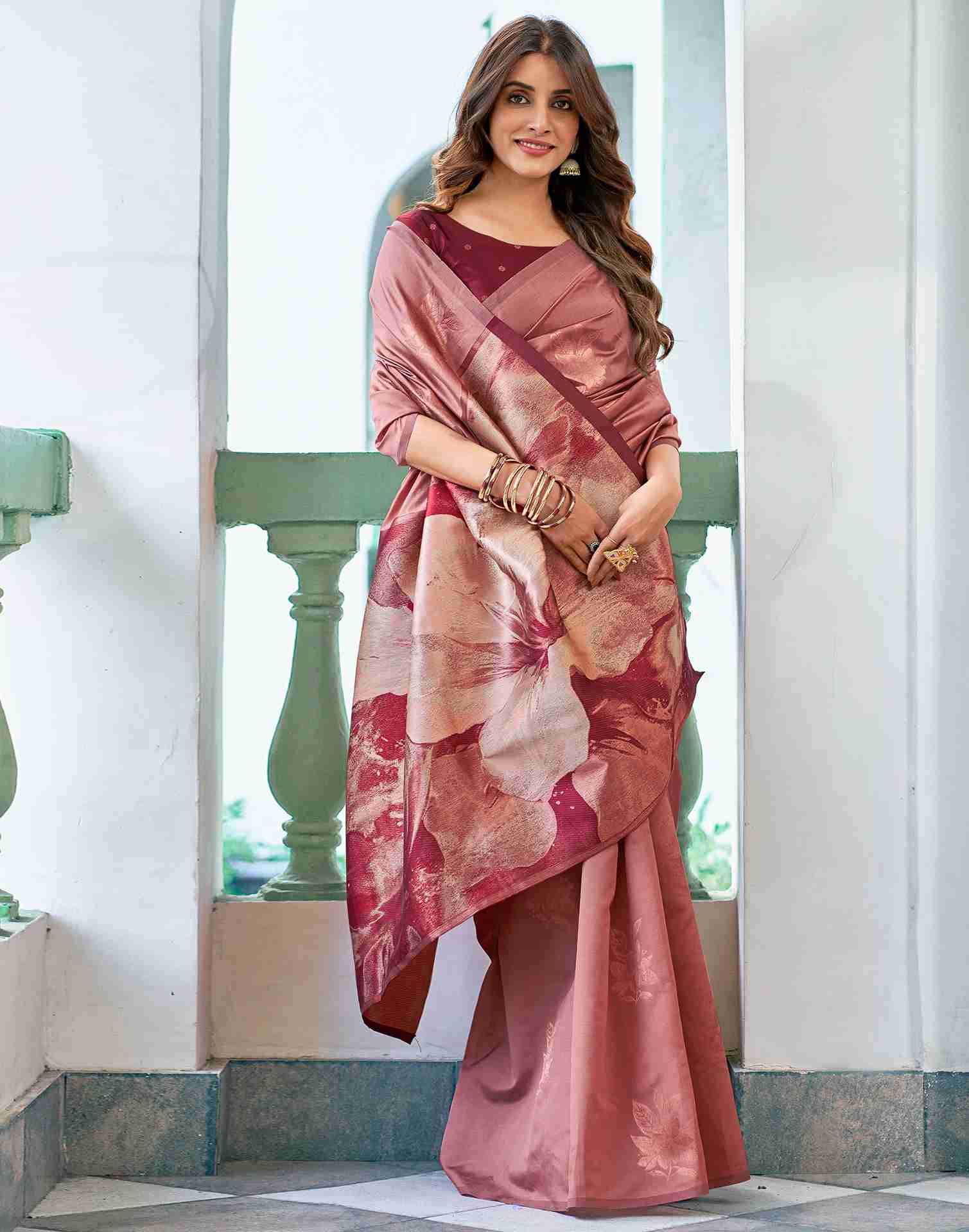 Dark Peach Silk Woven Banarasi Saree - Image 5