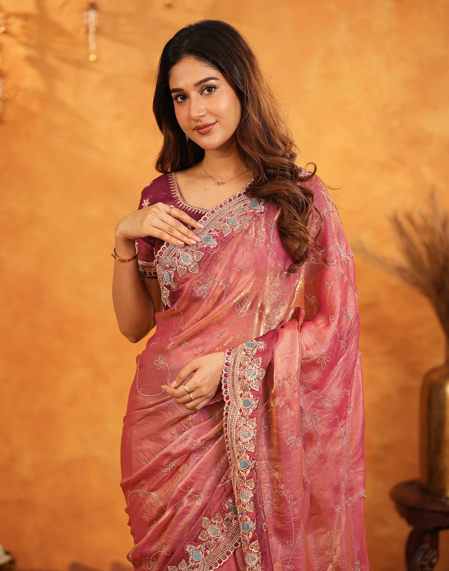 Peach Tissue Silk Stone Work Embroidery Saree - Image 10
