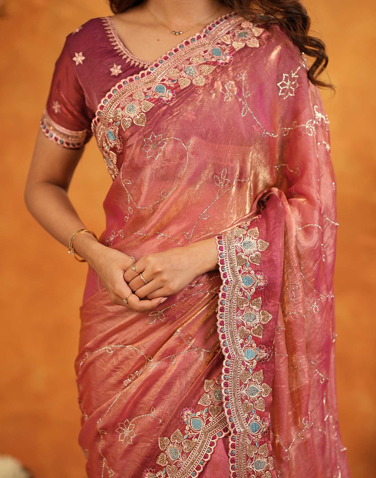 Peach Tissue Silk Stone Work Embroidery Saree - Image 12