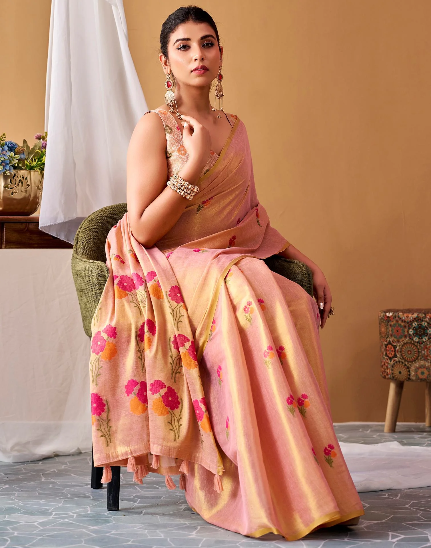 Peach Tissue Silk Woven Floral Saree - Image 6