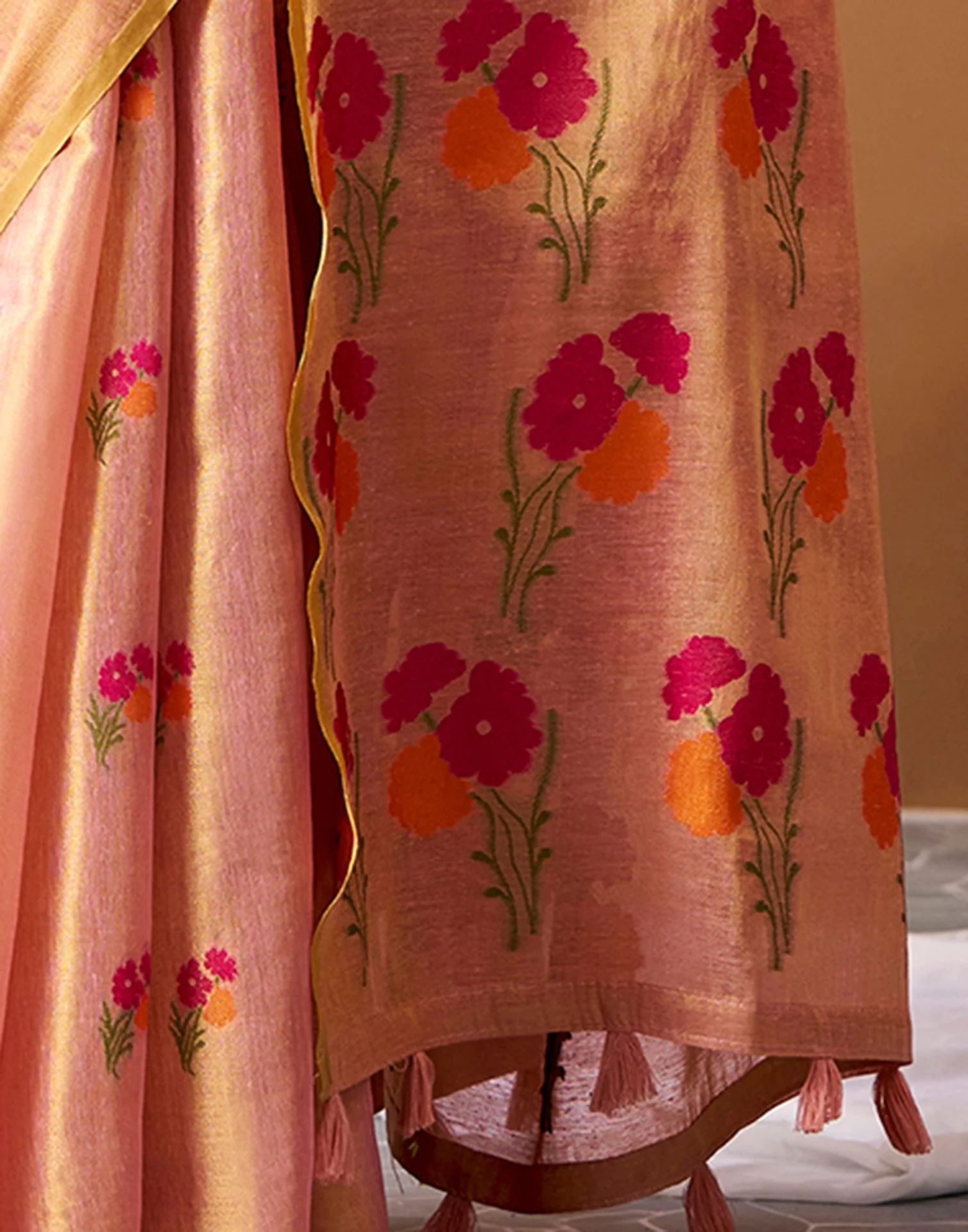 Peach Tissue Silk Woven Floral Saree - Image 8