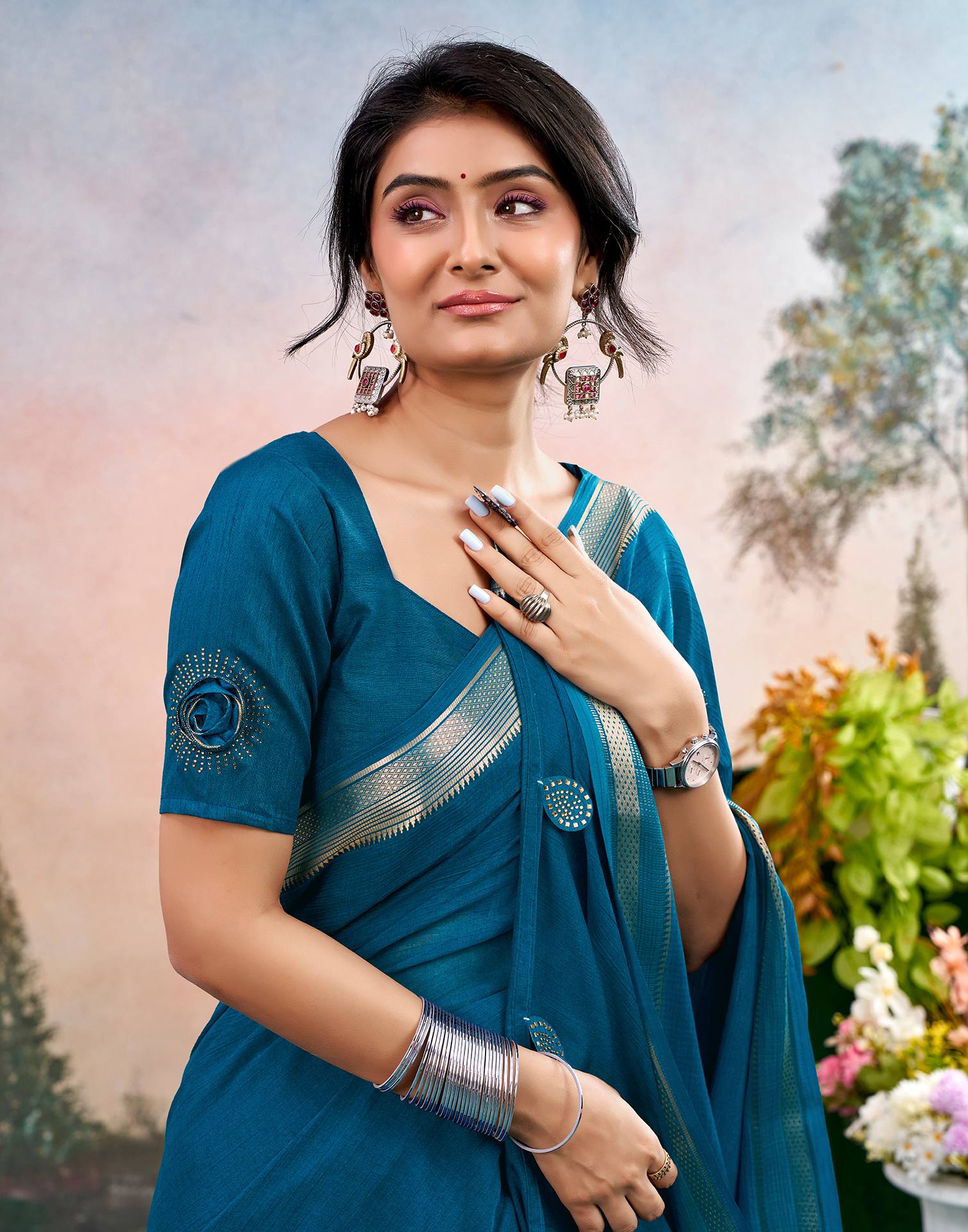 Peacock Blue Chiffon Woven Border Saree - Image 2