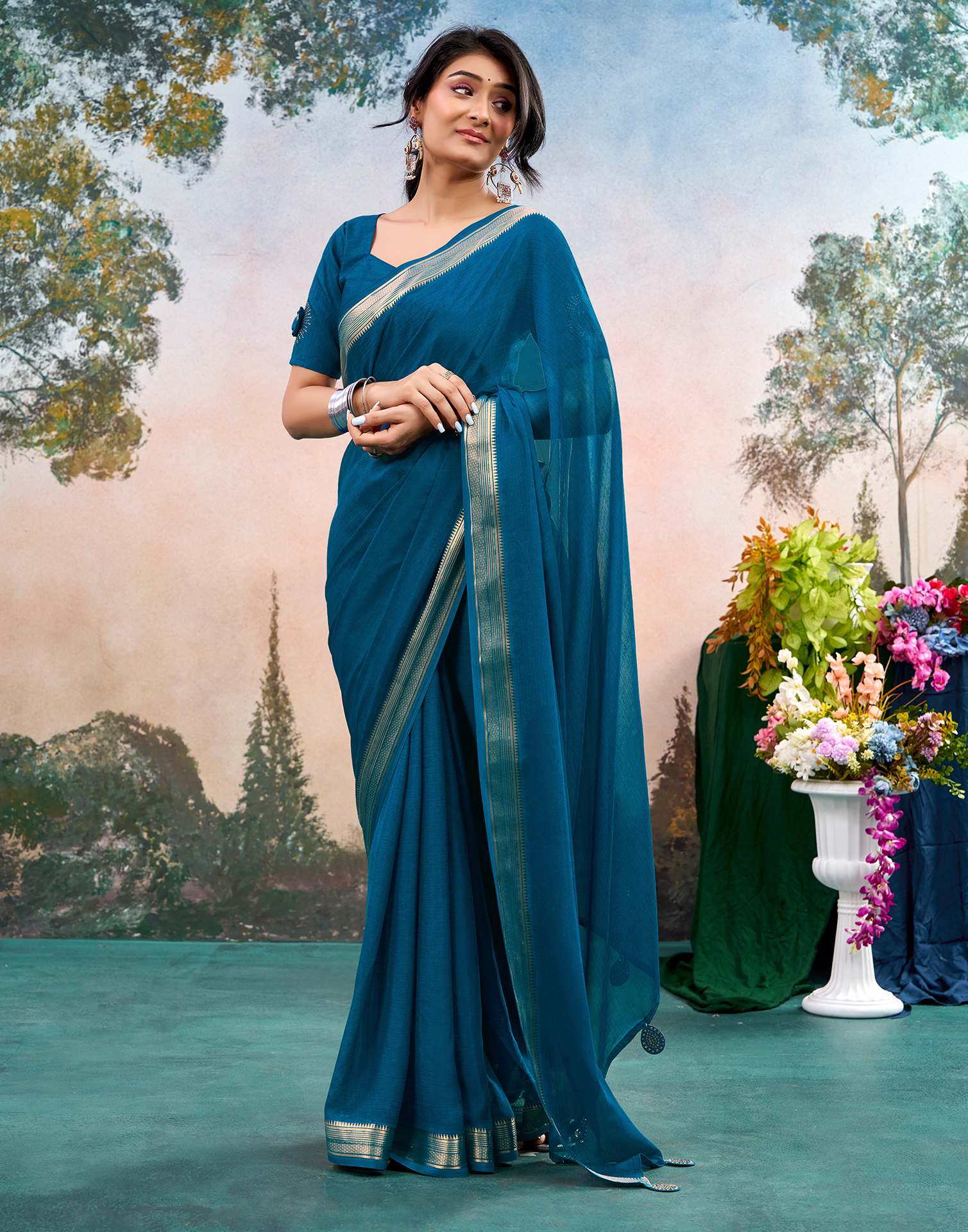 Peacock Blue Chiffon Woven Border Saree - Image 5