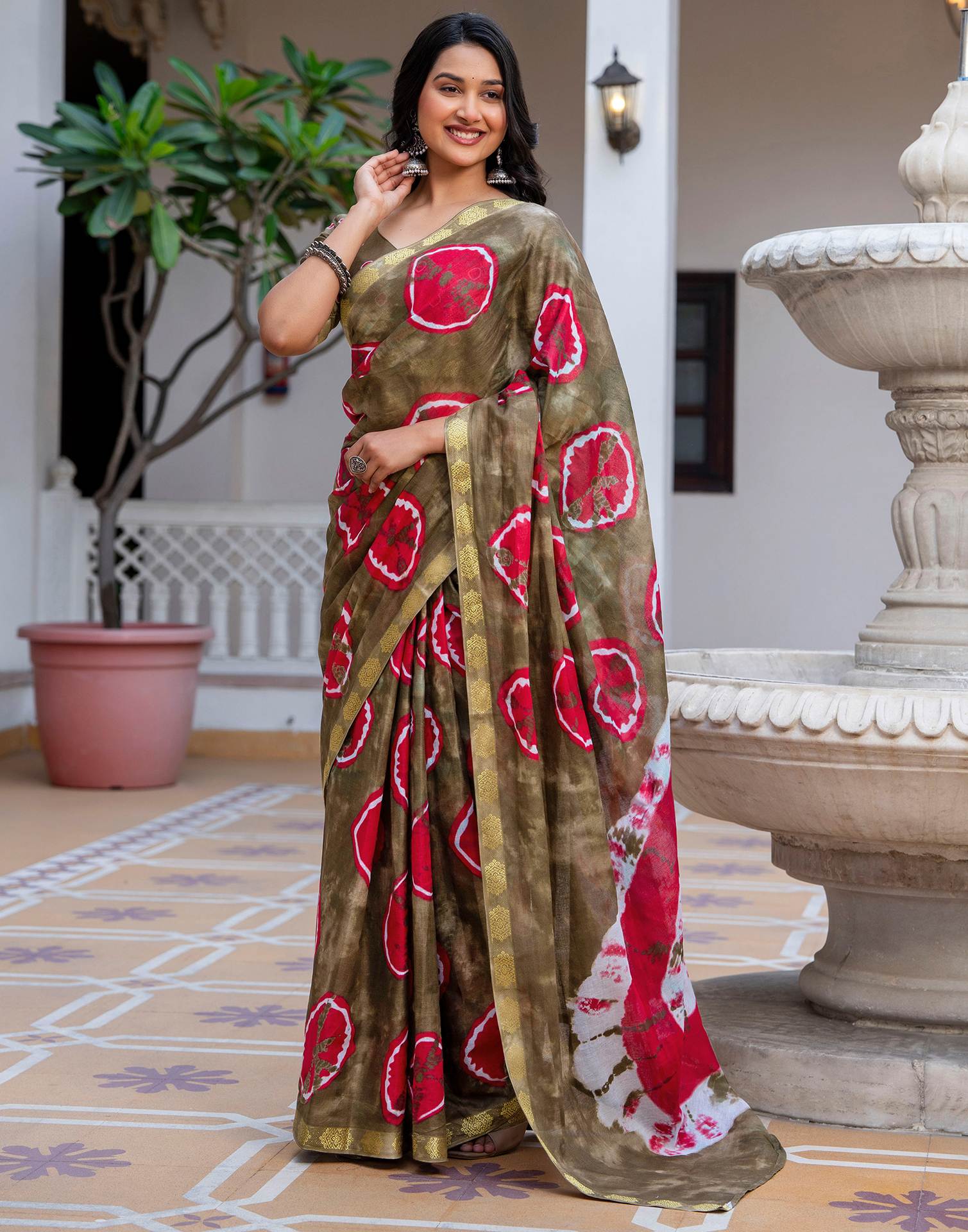 Peacock Blue Cotton Printed Woven Border Saree - Image 4
