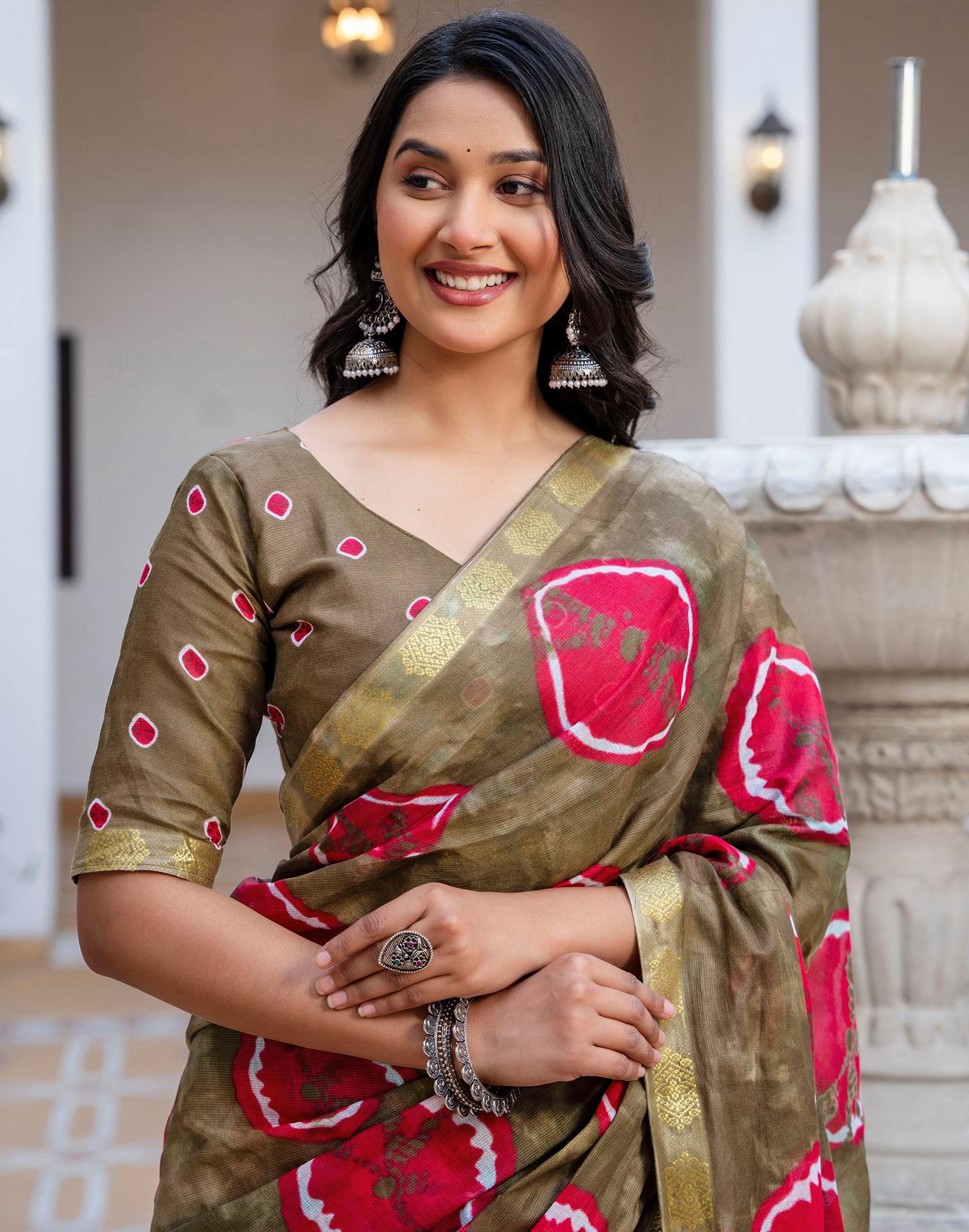 Peacock Blue Cotton Printed Woven Border Saree - Image 9