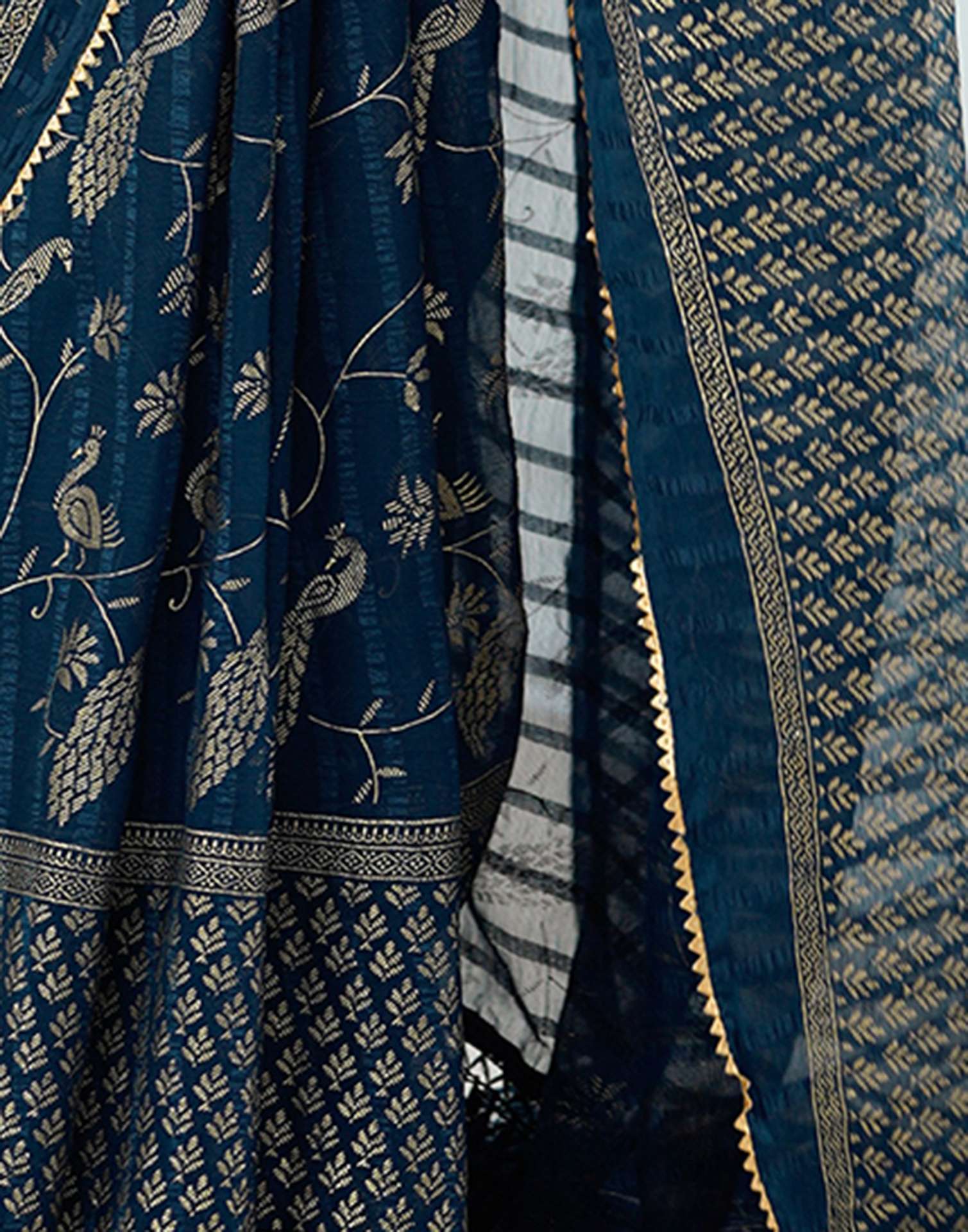 Peacock Blue Georgette Foil Printed Saree - Image 8