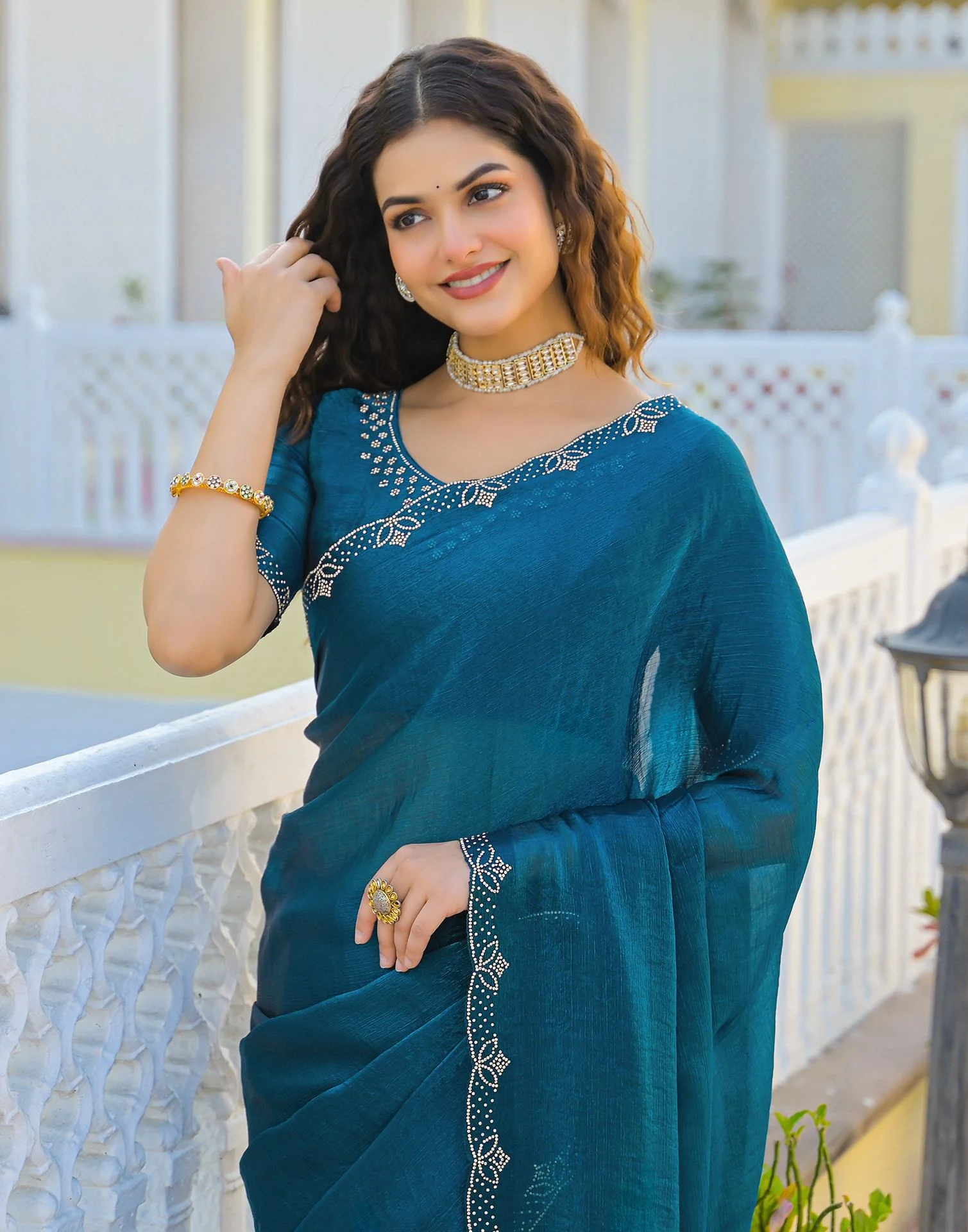 Peacock Blue Satin Stone Work Embellished Saree - Image 4