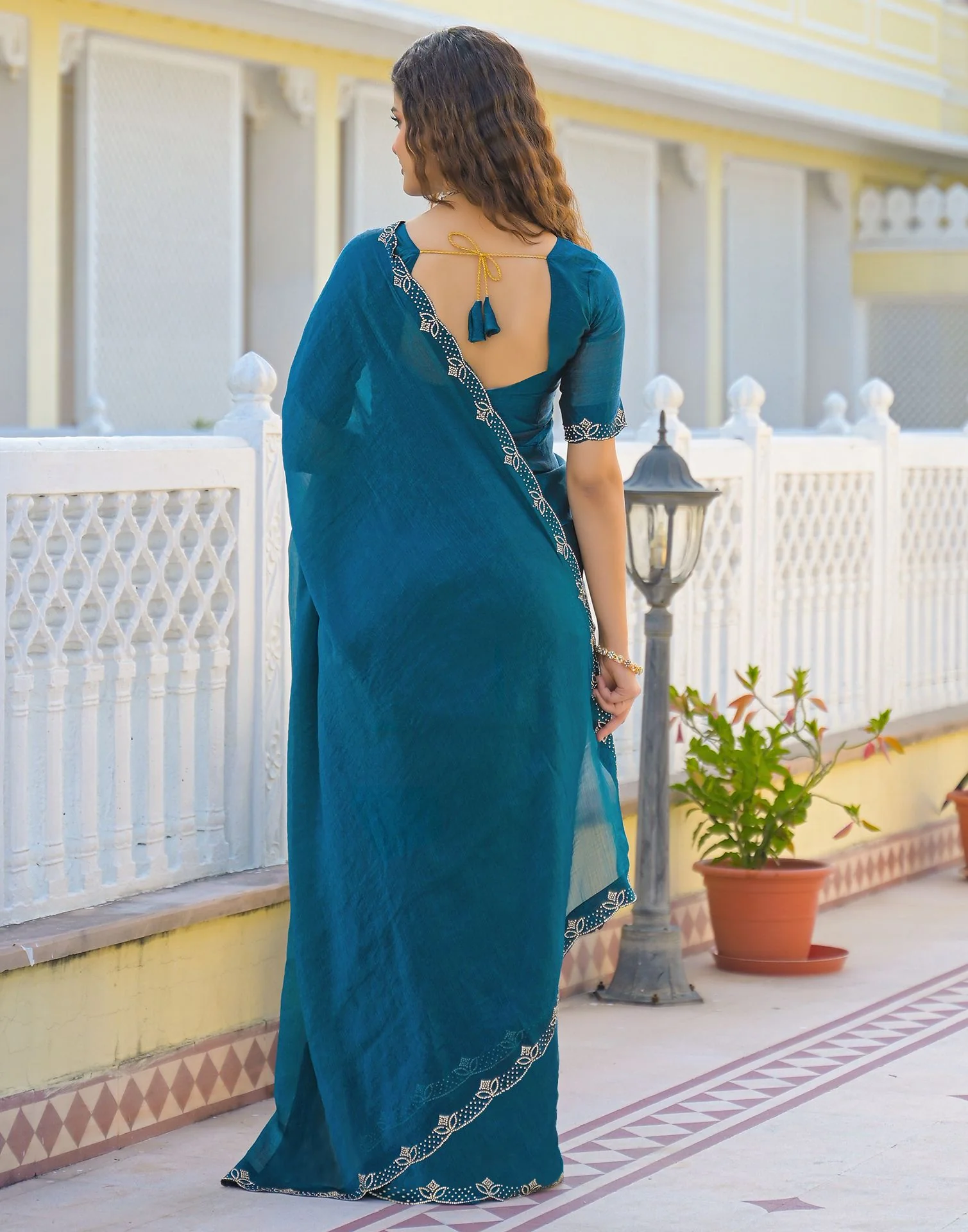 Peacock Blue Satin Stone Work Embellished Saree - Image 7