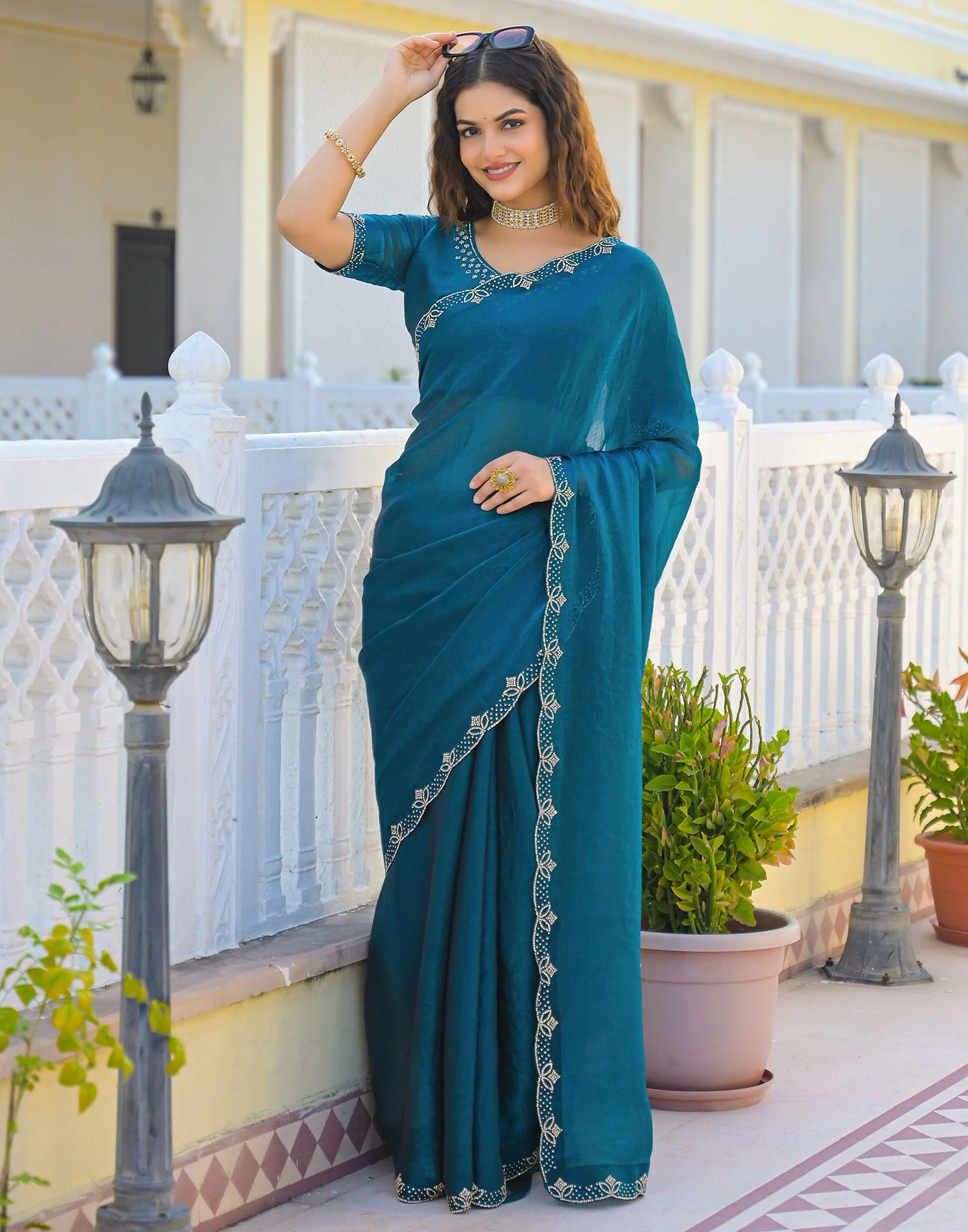 Peacock Blue Satin Stone Work Embellished Saree - Image 8