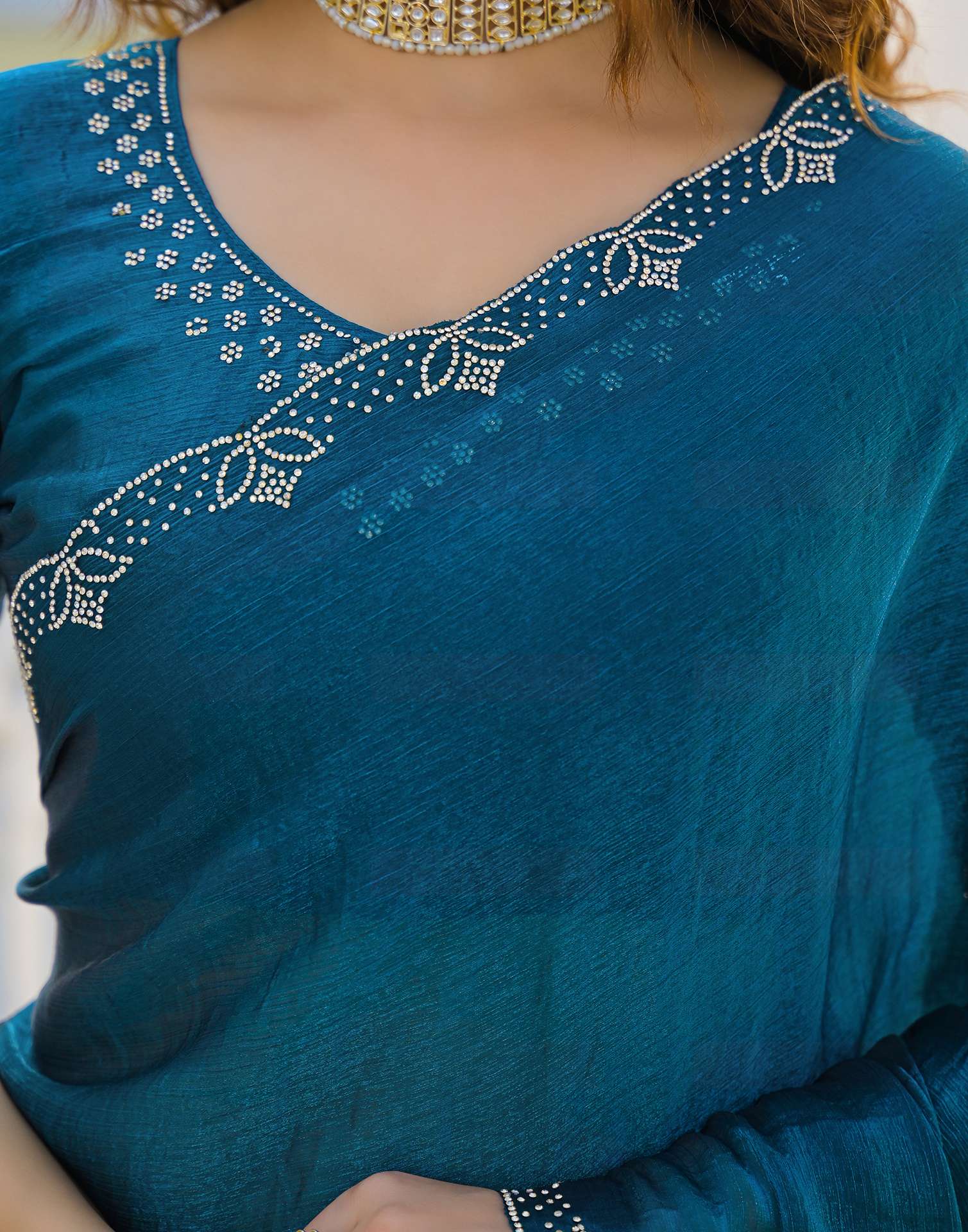 Peacock Blue Satin Stone Work Embellished Saree - Image 9
