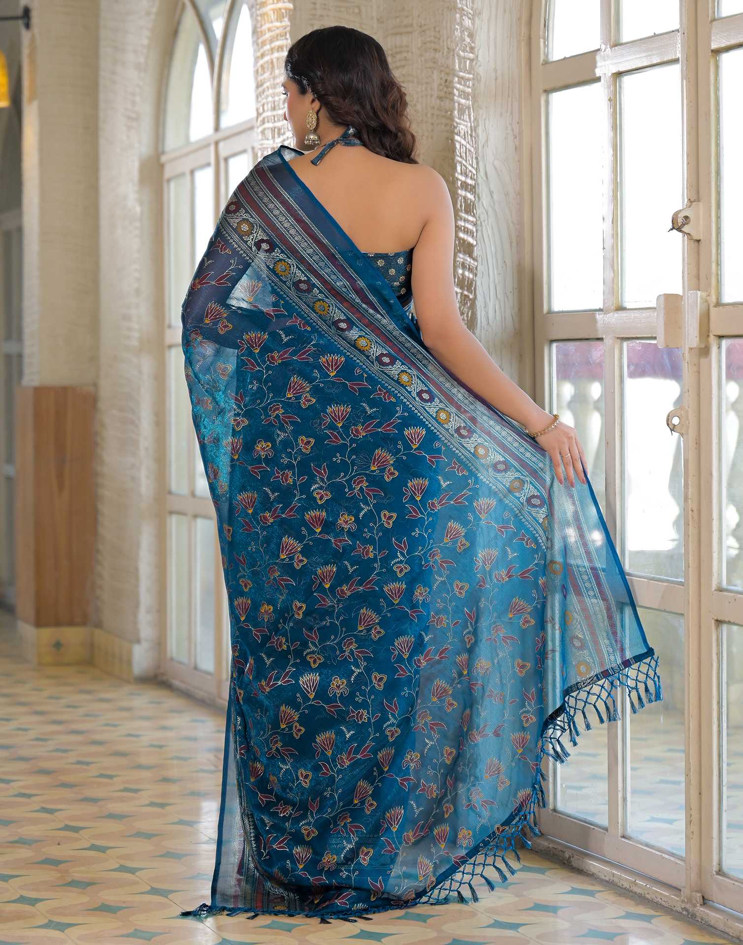 Peacock Blue Shimmer Chiffon Foil Printed Saree - Image 3