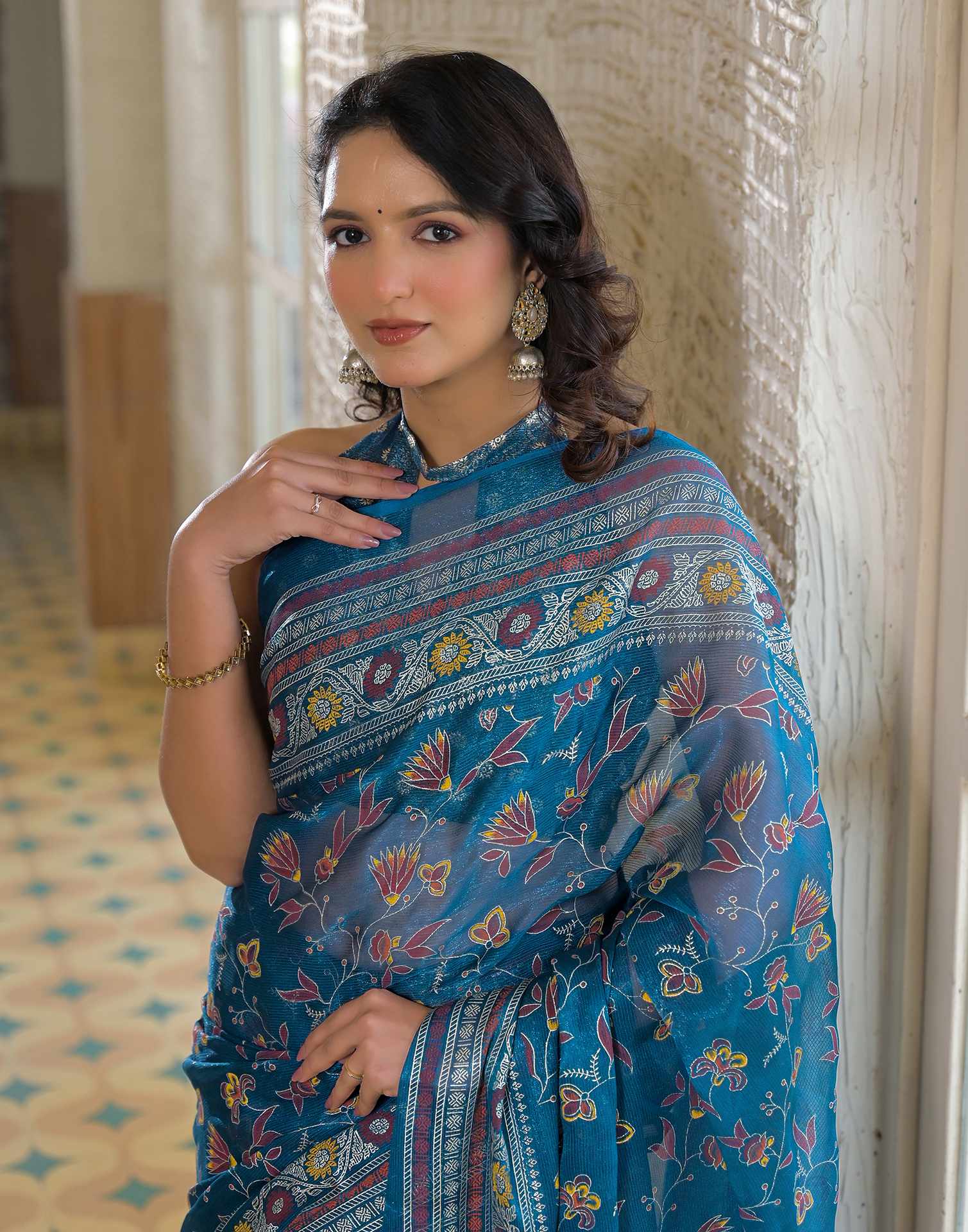 Peacock Blue Shimmer Chiffon Foil Printed Saree - Image 5