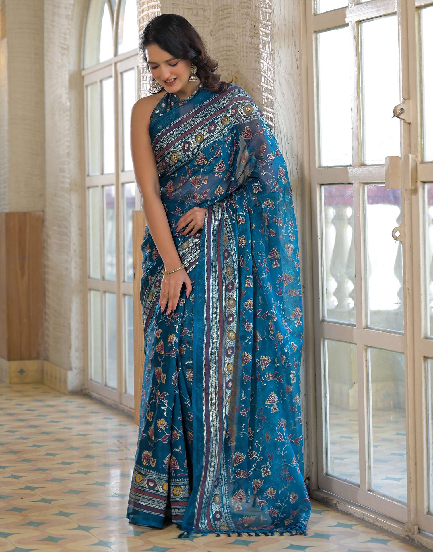 Peacock Blue Shimmer Chiffon Foil Printed Saree - Image 6