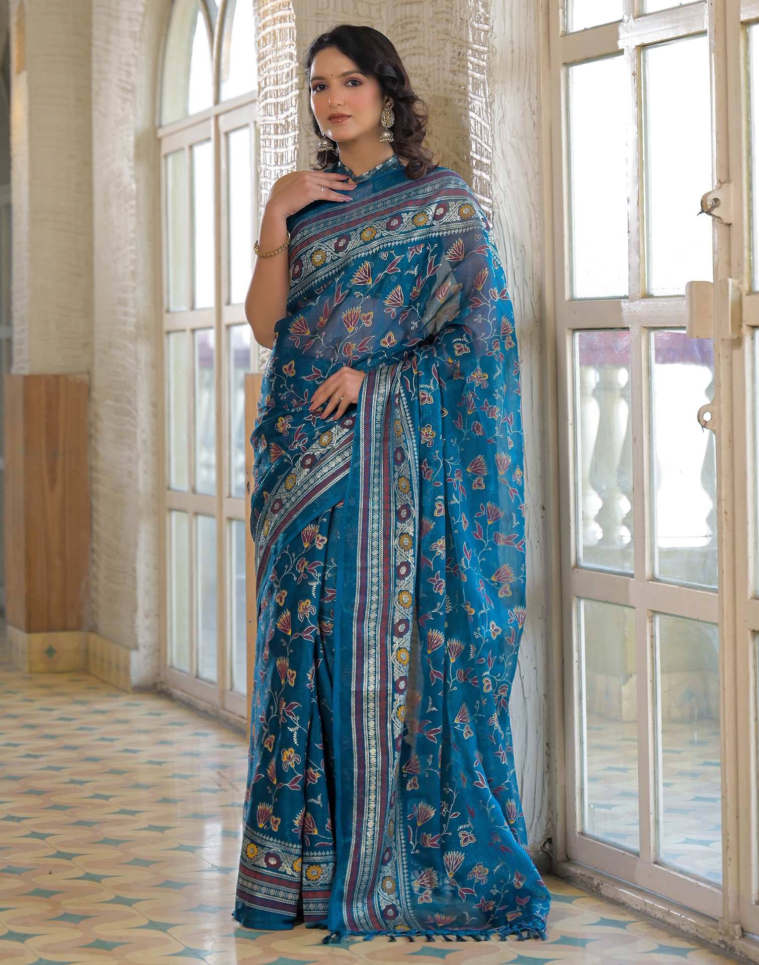 Peacock Blue Shimmer Chiffon Foil Printed Saree - Image 7