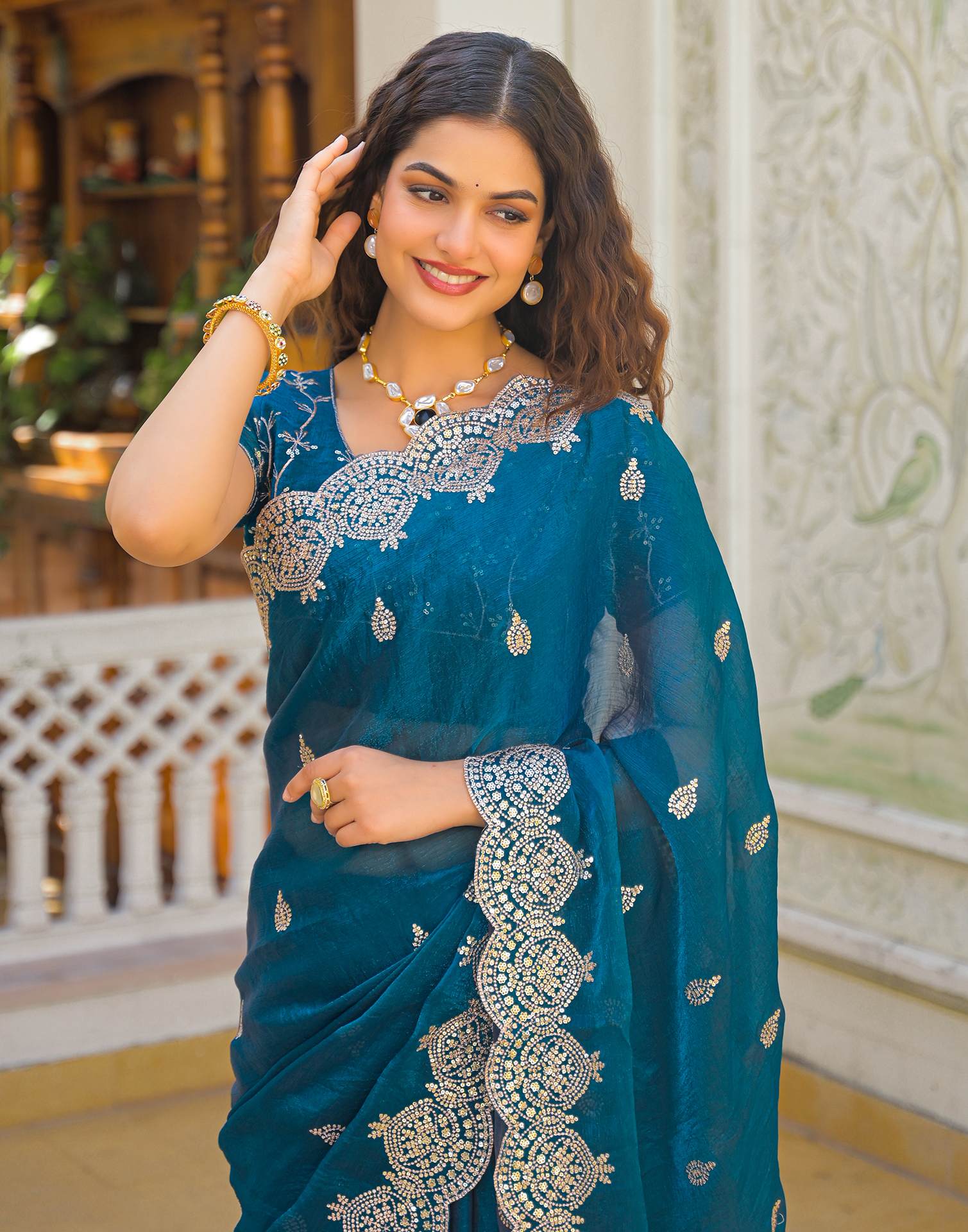 Peacock Blue Shimmer Chiffon Sequence Embroidery saree - Image 2