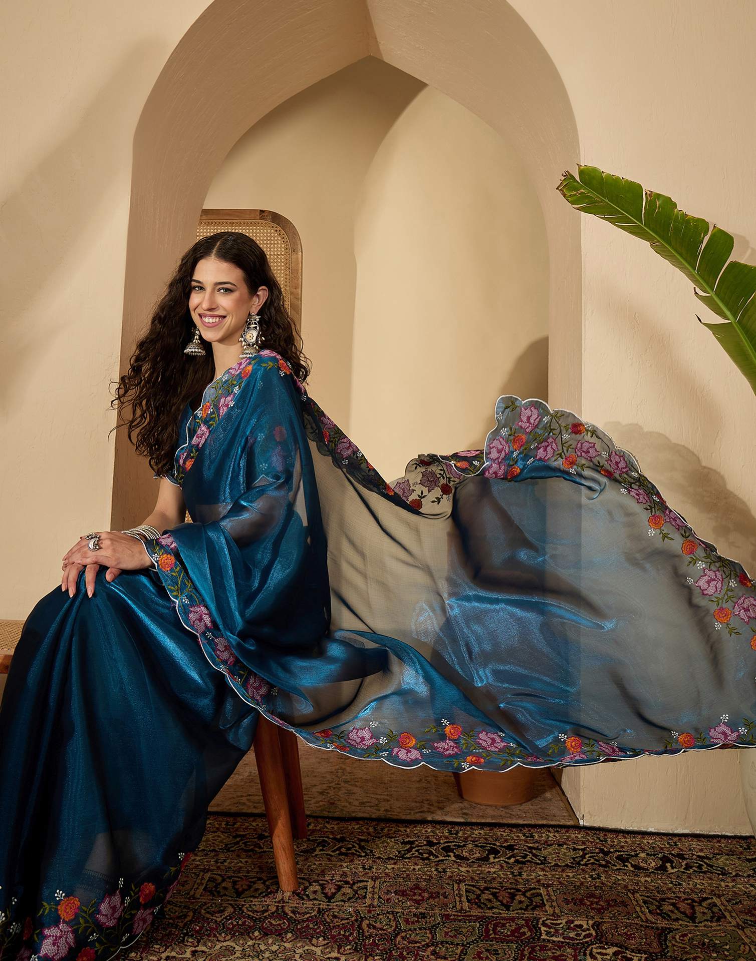 Peacock Blue Shimmer Embroidery Saree - Image 4