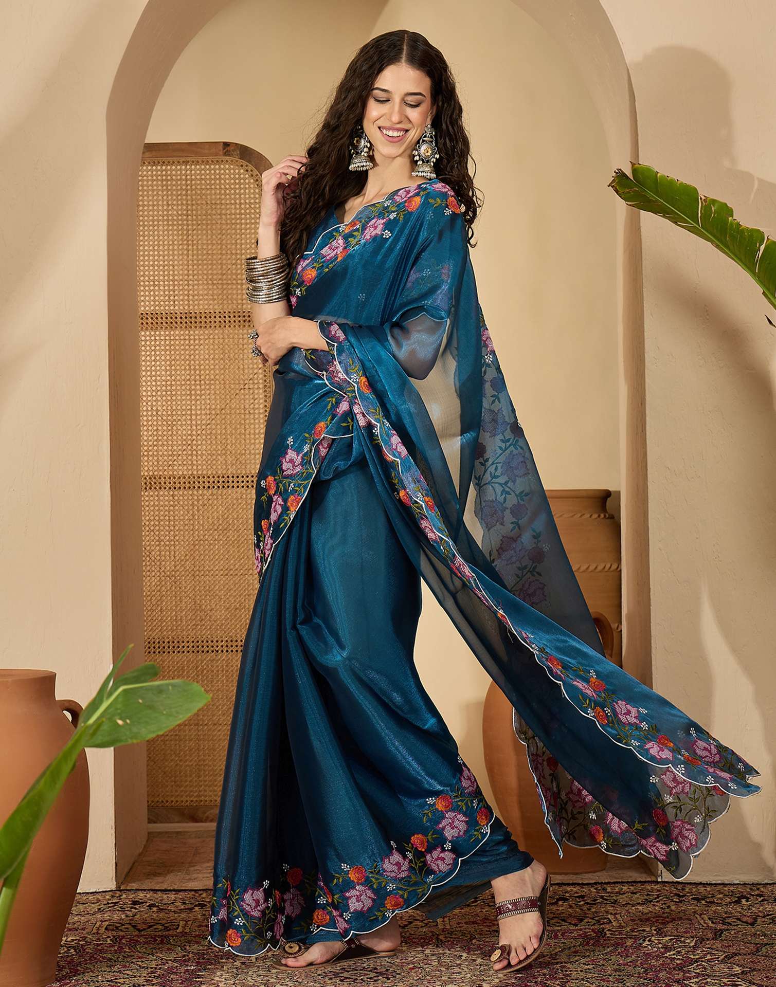 Peacock Blue Shimmer Embroidery Saree - Image 5