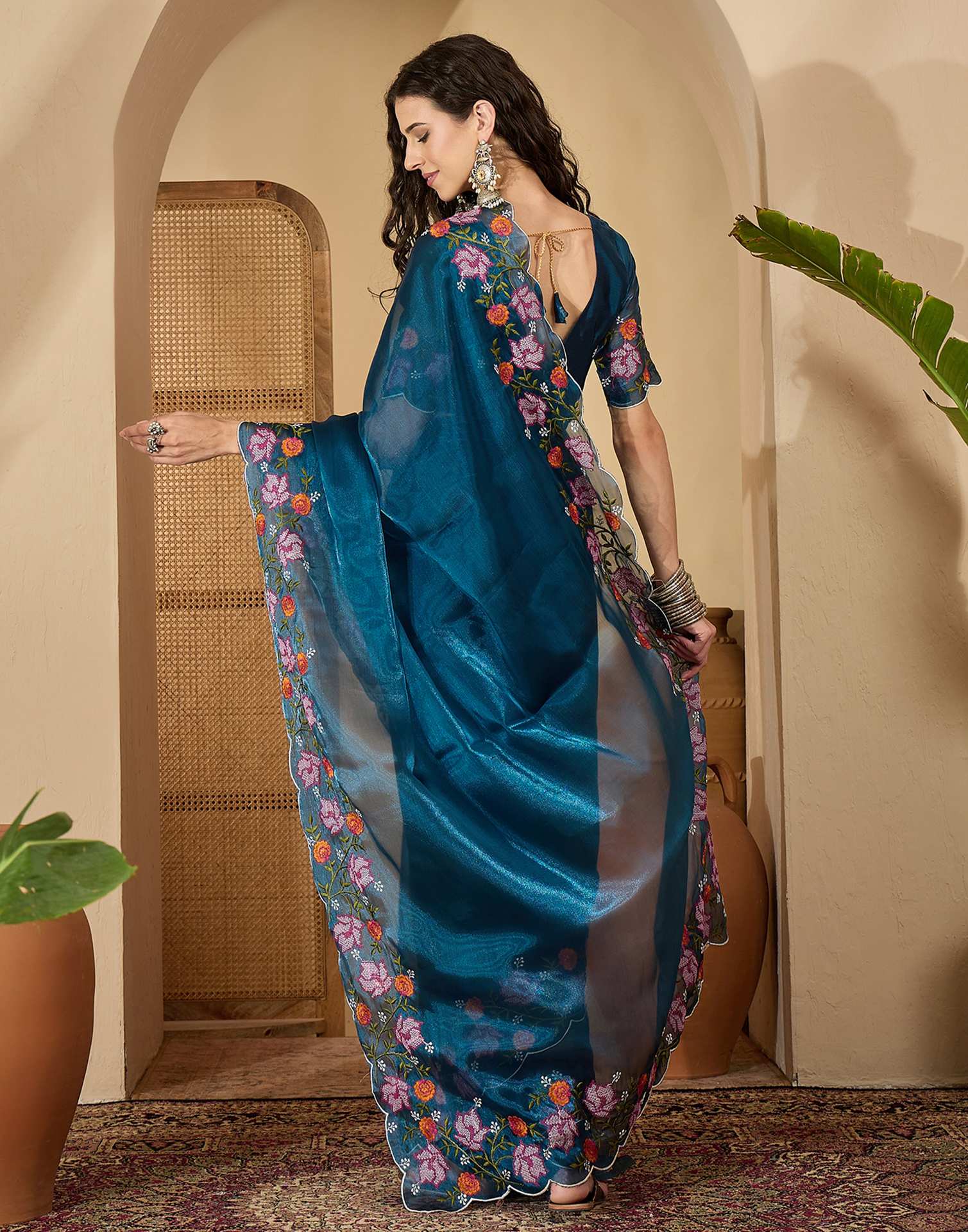 Peacock Blue Shimmer Embroidery Saree - Image 7
