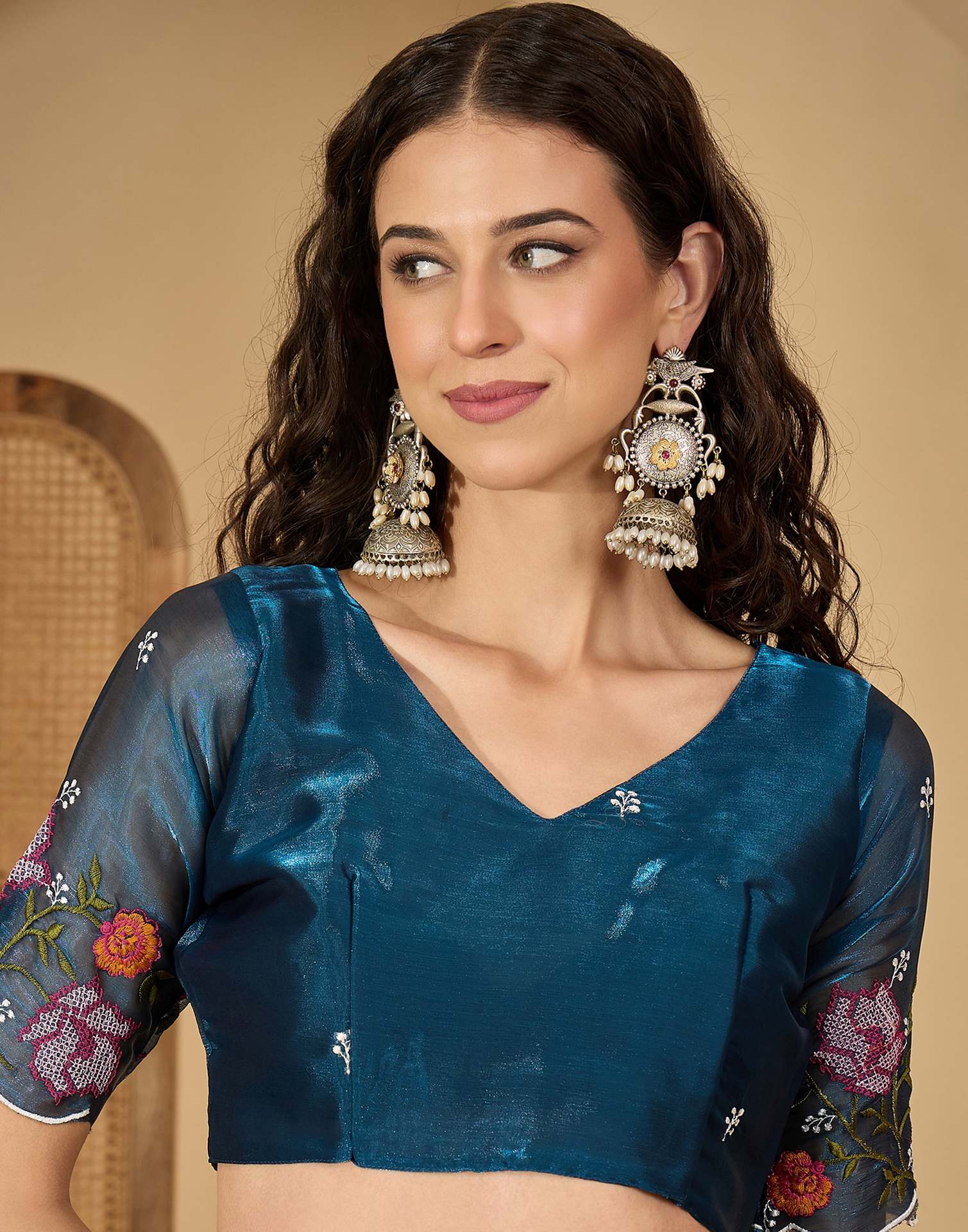 Peacock Blue Shimmer Embroidery Saree - Image 9