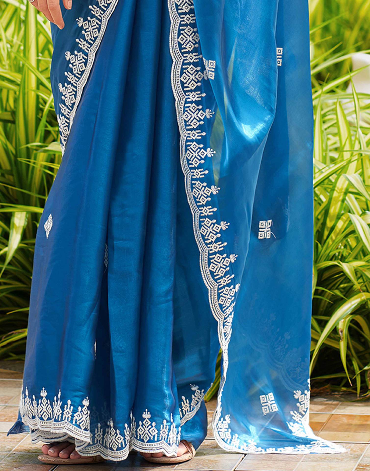 Peacock Blue Shimmer Sequence Embroidery Saree - Image 8