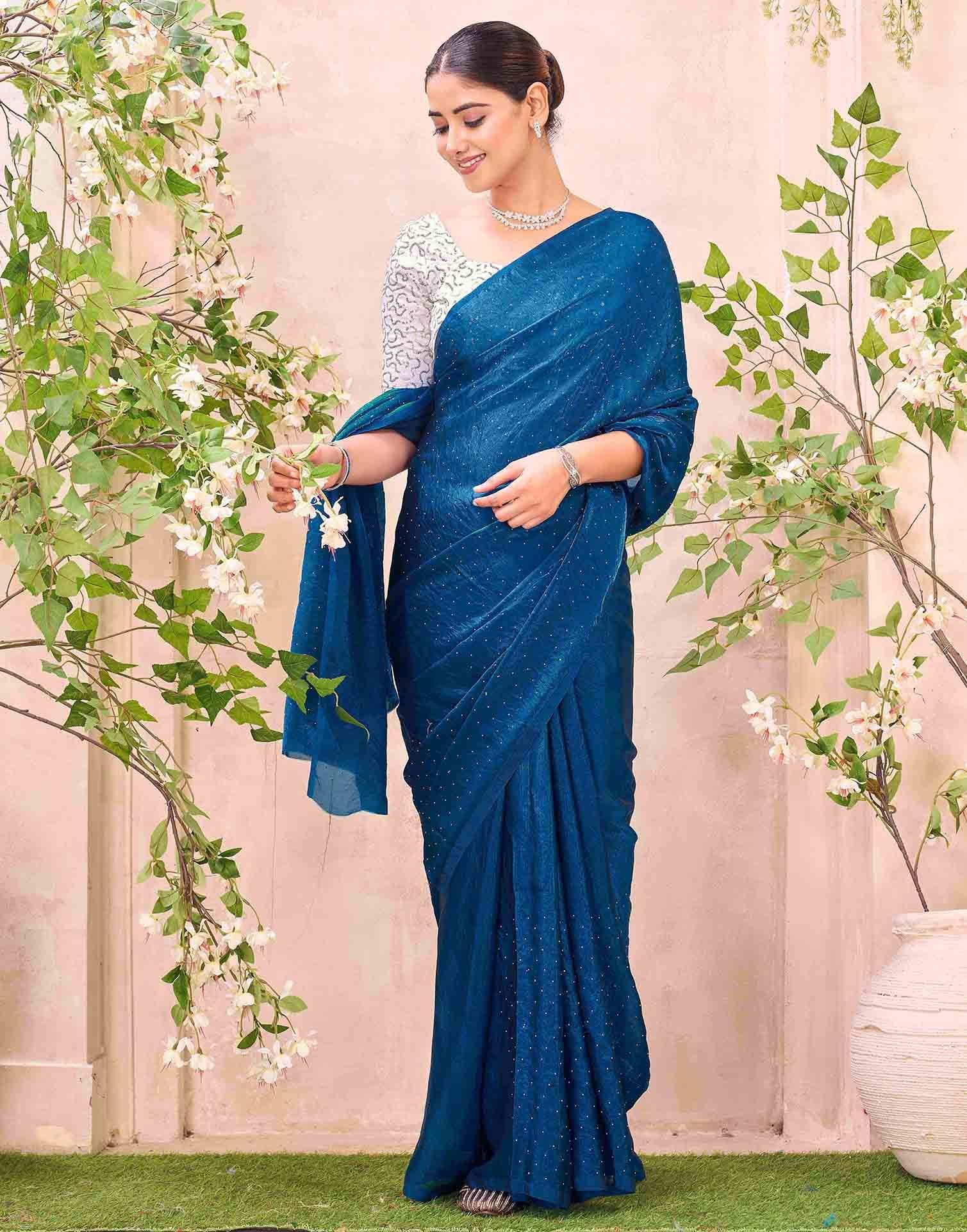 Peacock Blue Shimmer Stone Work Swarovski Saree - Image 5