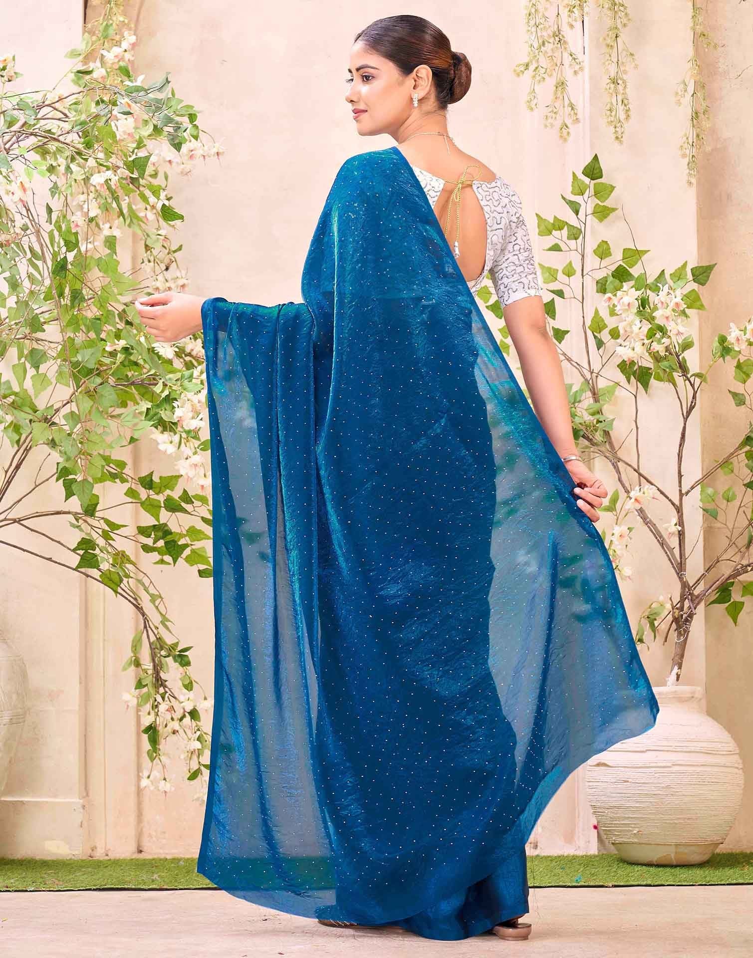 Peacock Blue Shimmer Stone Work Swarovski Saree - Image 6
