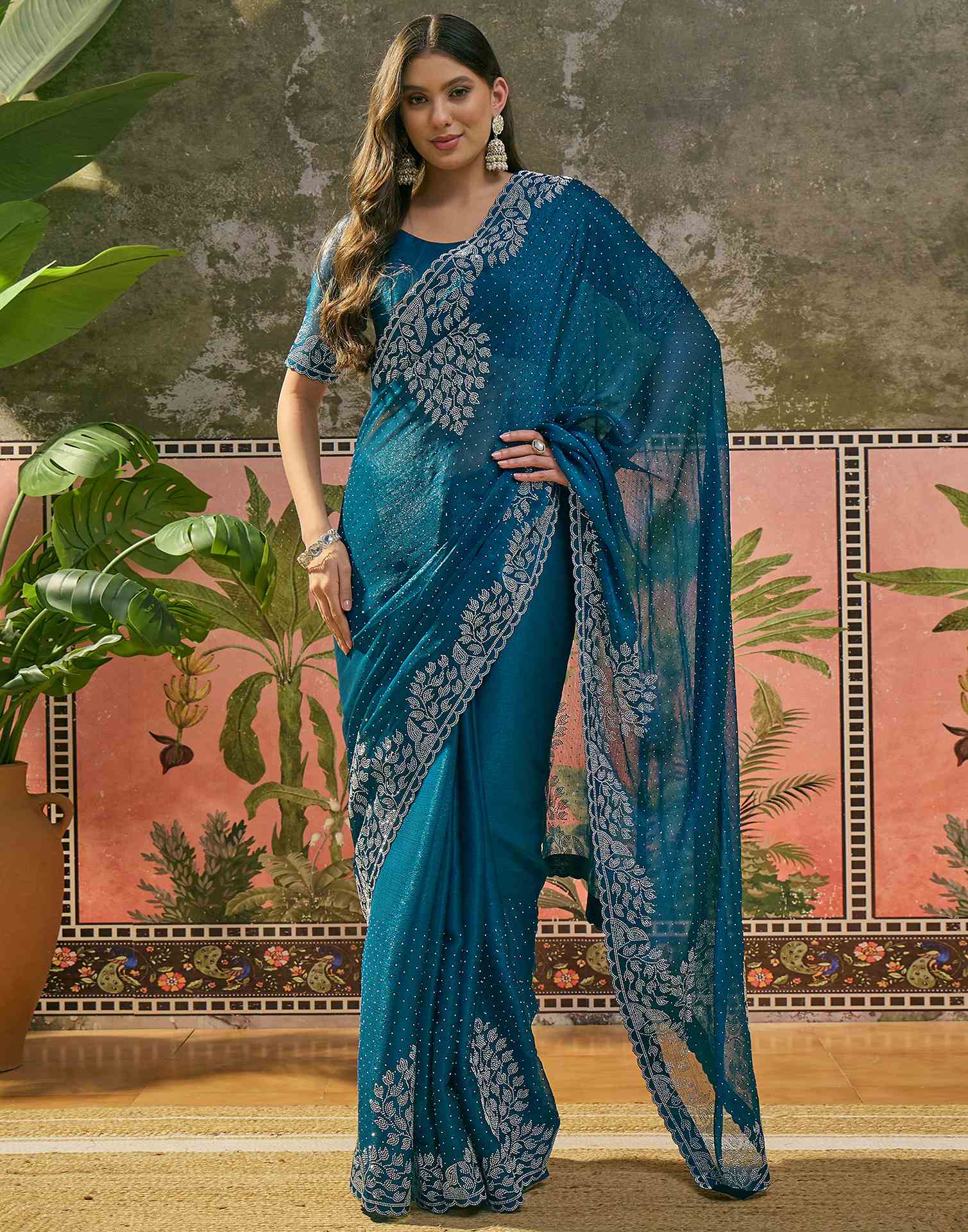Peacock Blue Shimmer Stone Work Swarovski Saree - Image 2