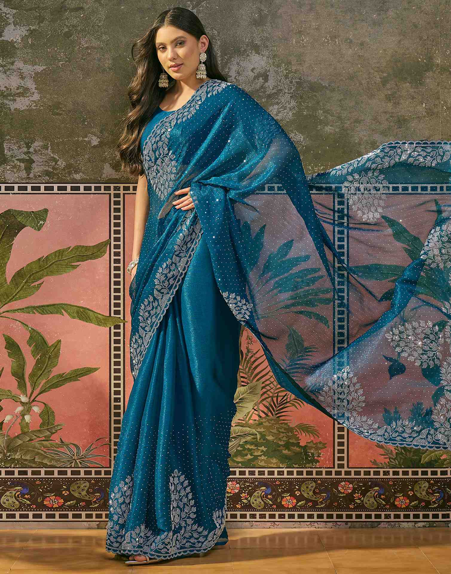 Peacock Blue Shimmer Stone Work Swarovski Saree - Image 3