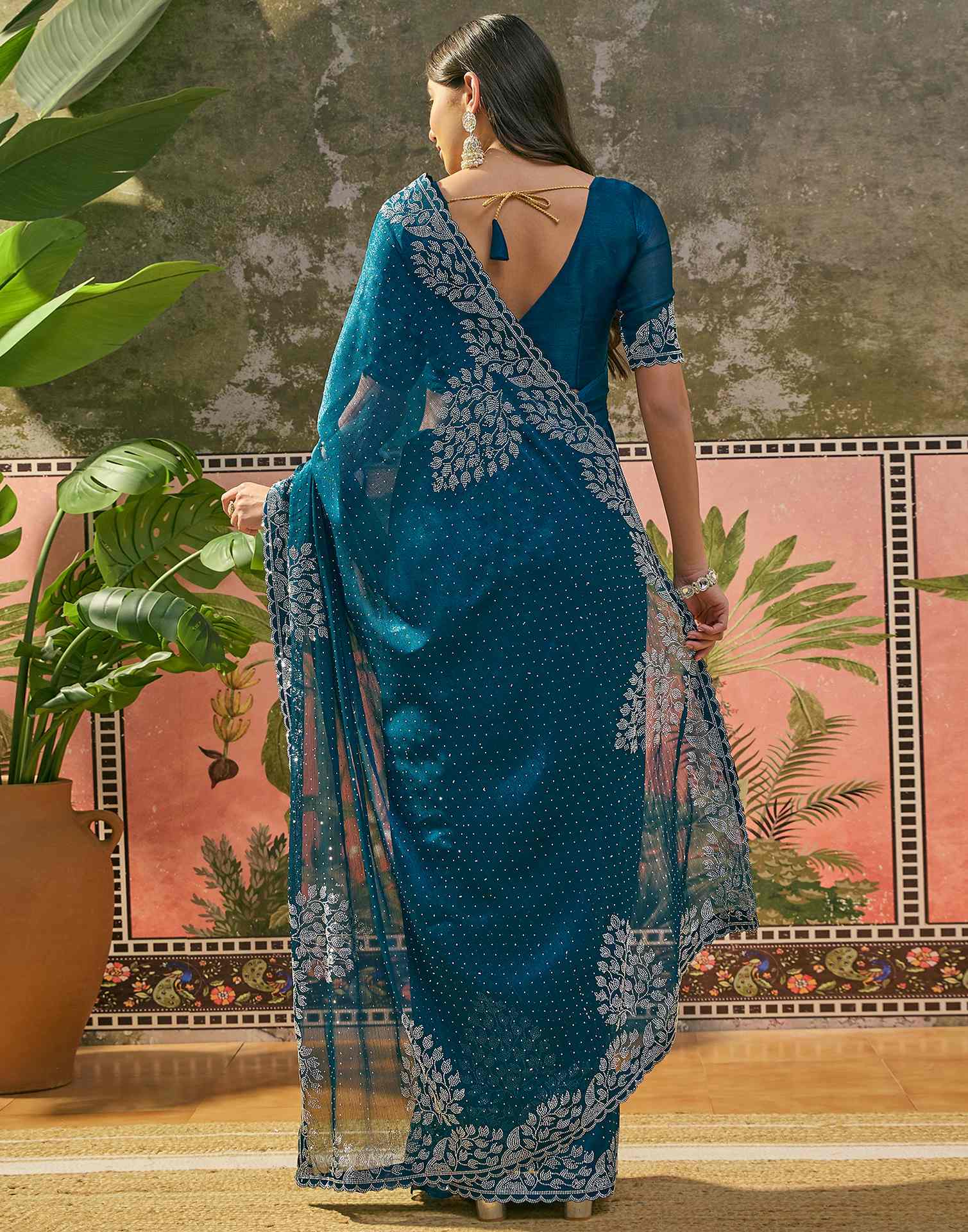 Peacock Blue Shimmer Stone Work Swarovski Saree - Image 6