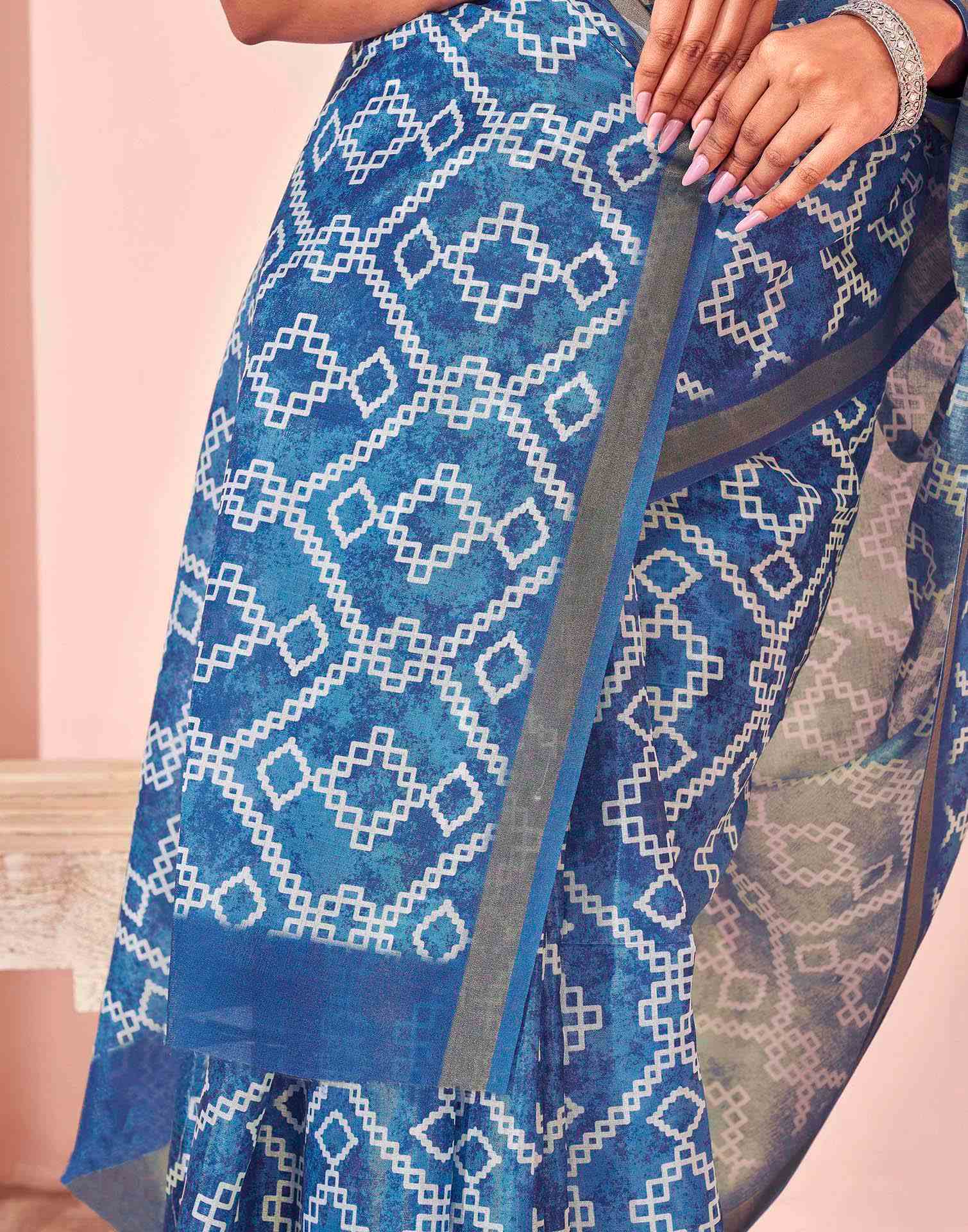 Peacock Blue Silk Printed Saree - Image 11