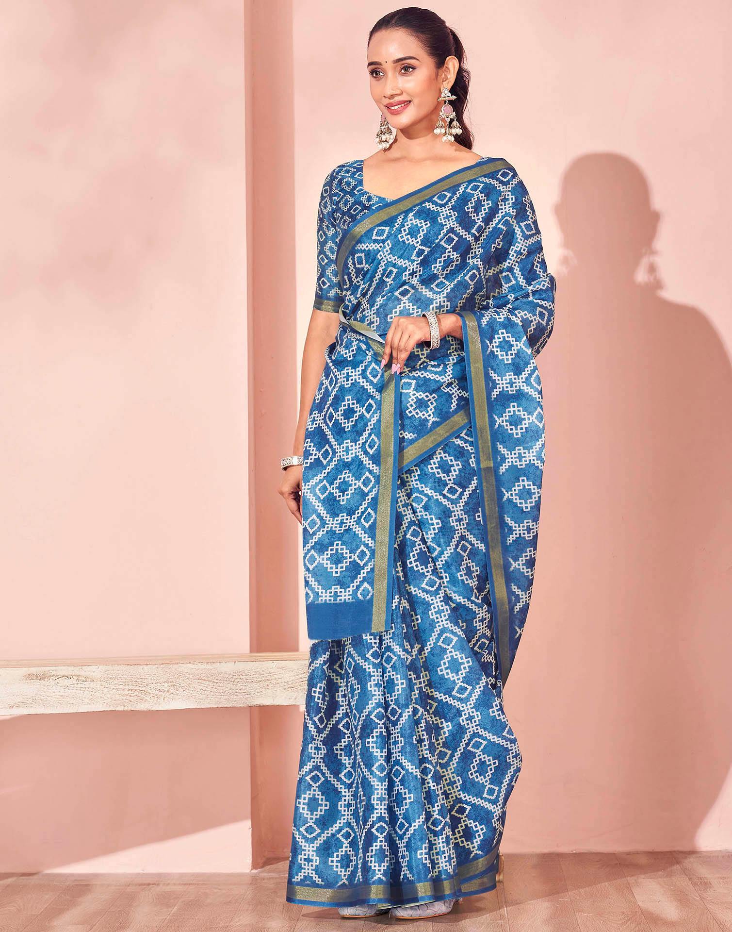 Peacock Blue Silk Printed Saree - Image 6