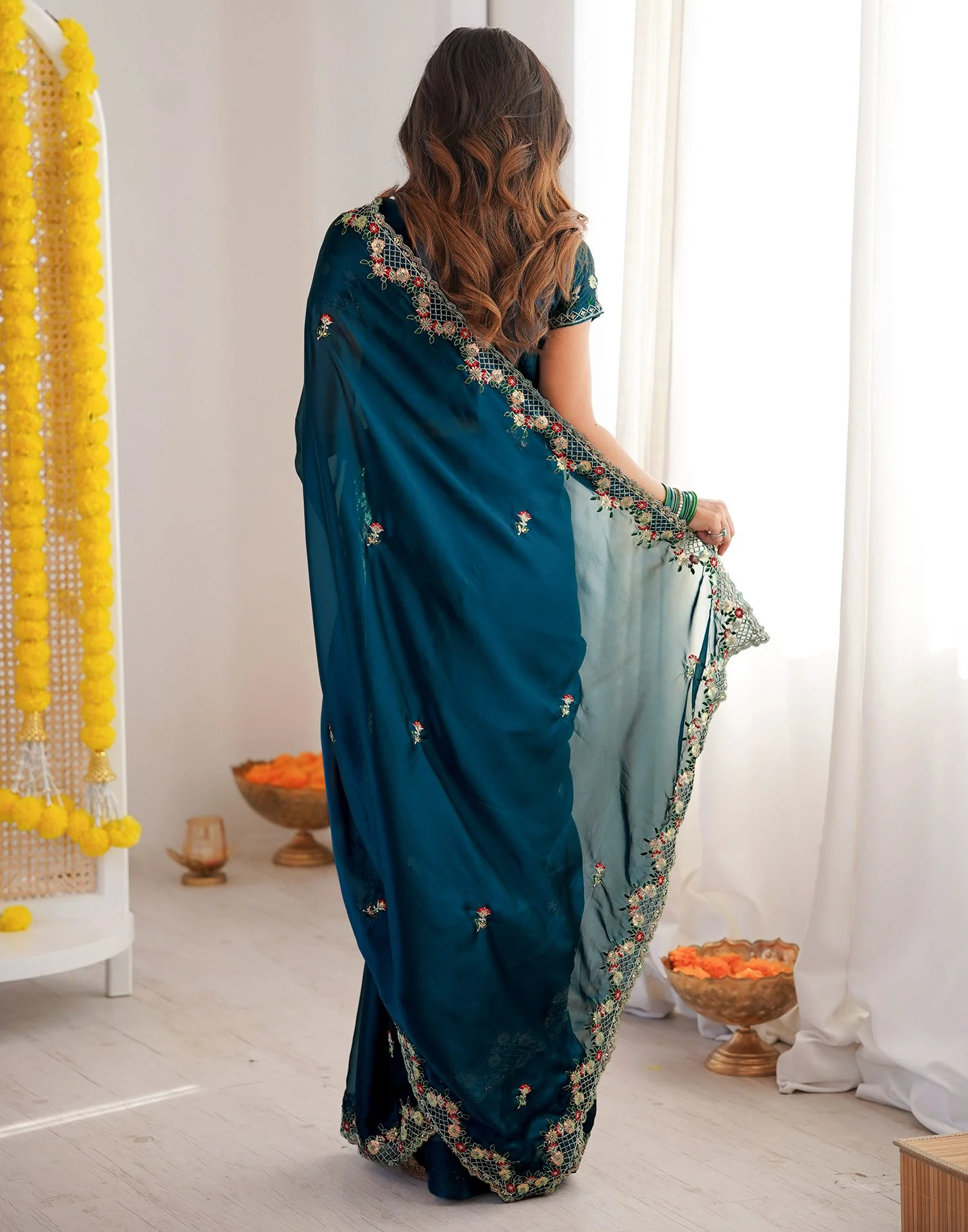 Peacock Blue Silk Sequence Embroidery Saree - Image 6