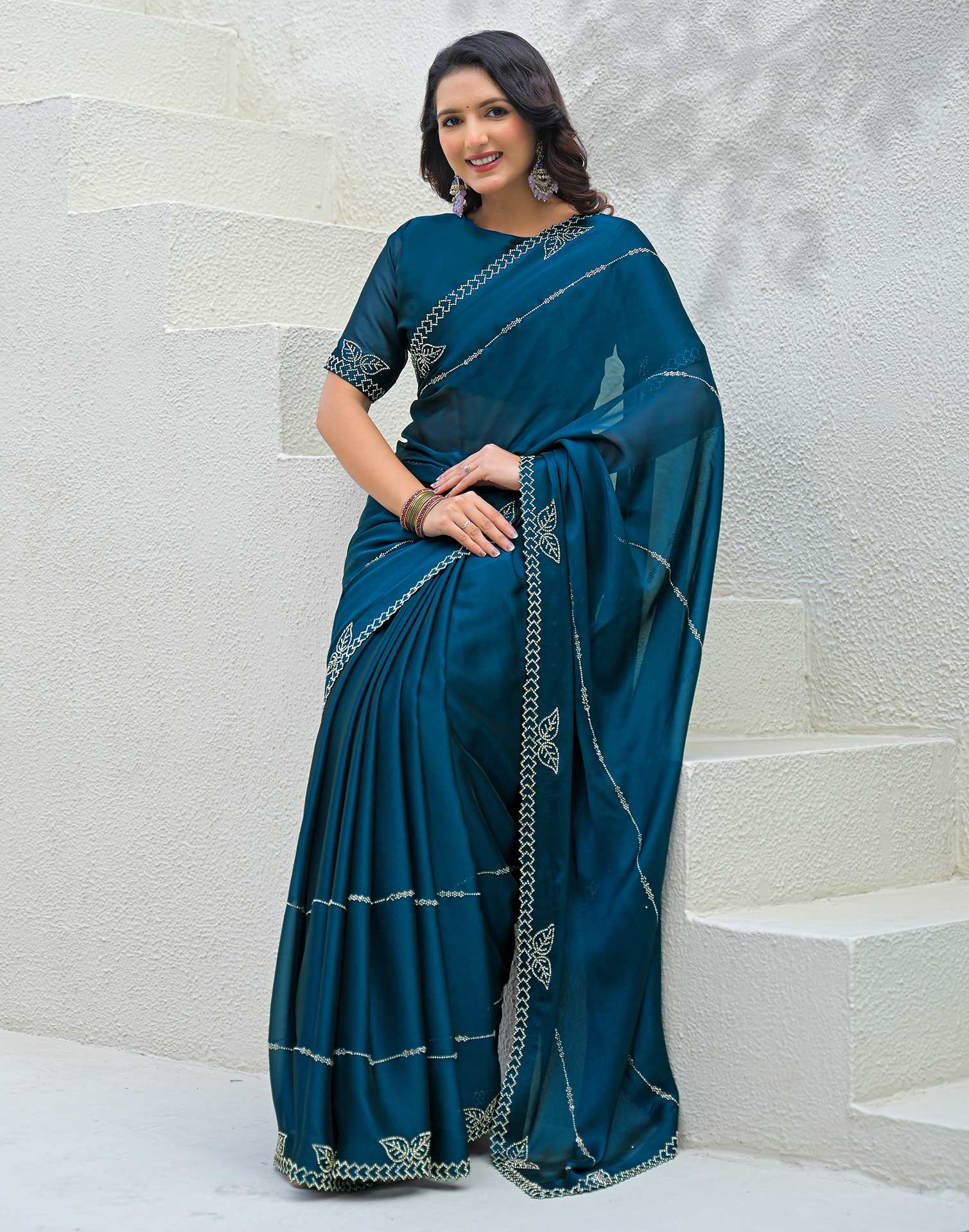 Peacock Blue Silk Stone Work Swarovski Saree - Image 4