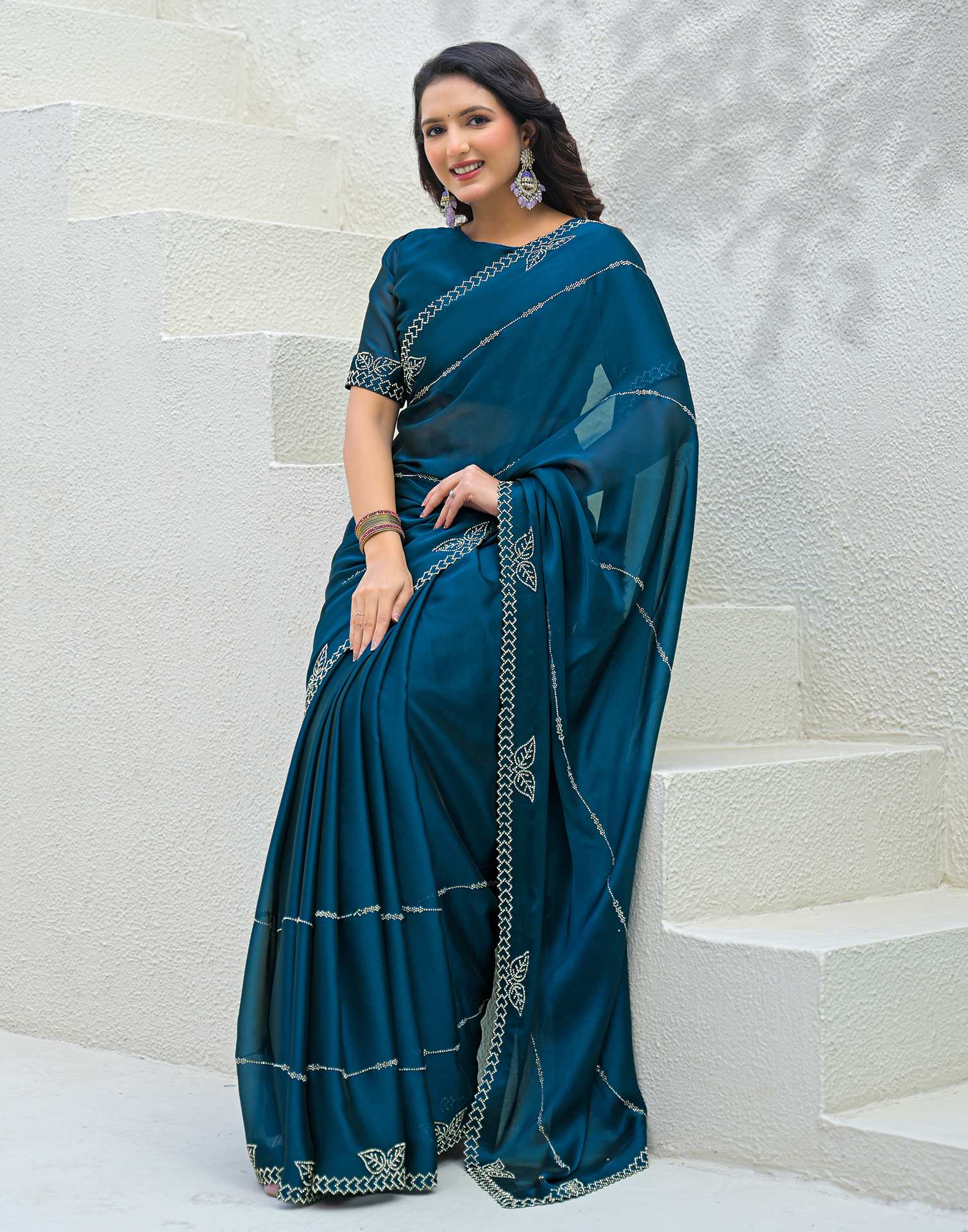 Peacock Blue Silk Stone Work Swarovski Saree - Image 6