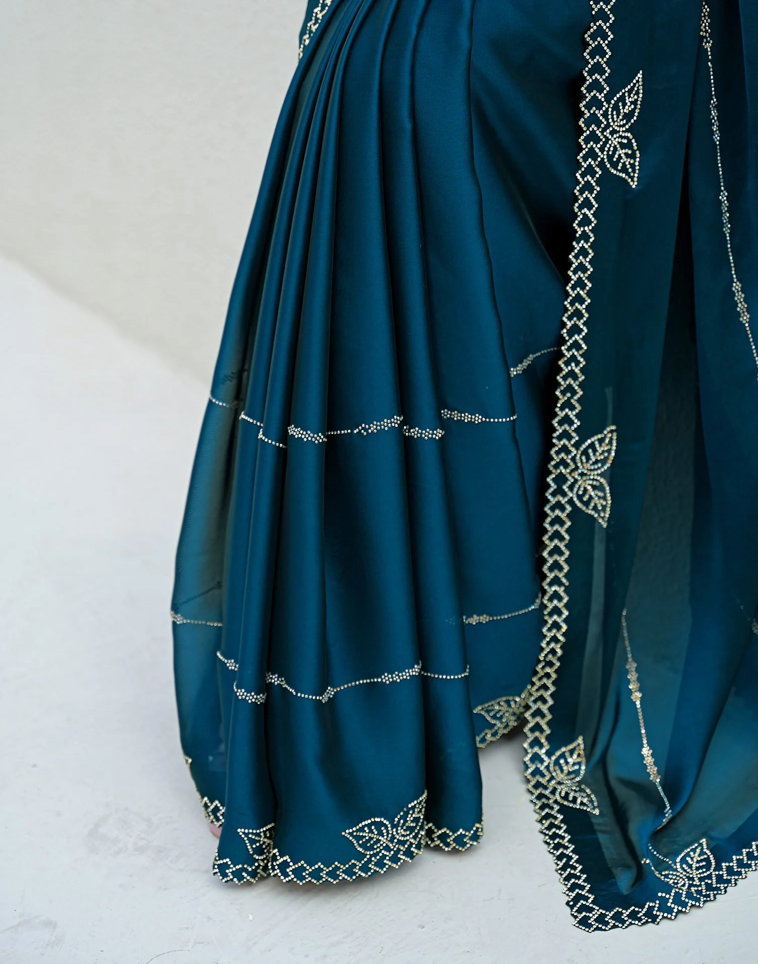 Peacock Blue Silk Stone Work Swarovski Saree - Image 7