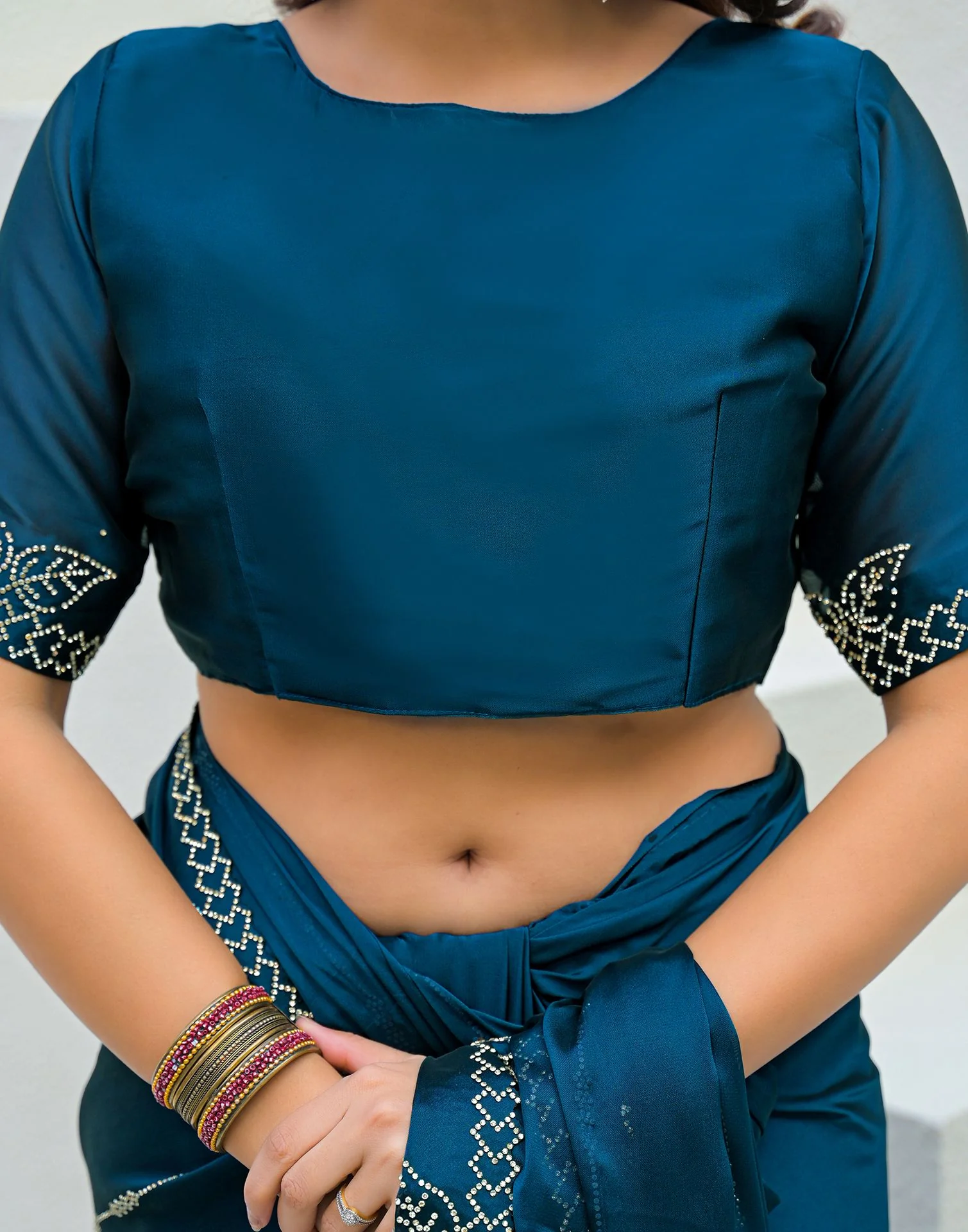 Peacock Blue Silk Stone Work Swarovski Saree - Image 9