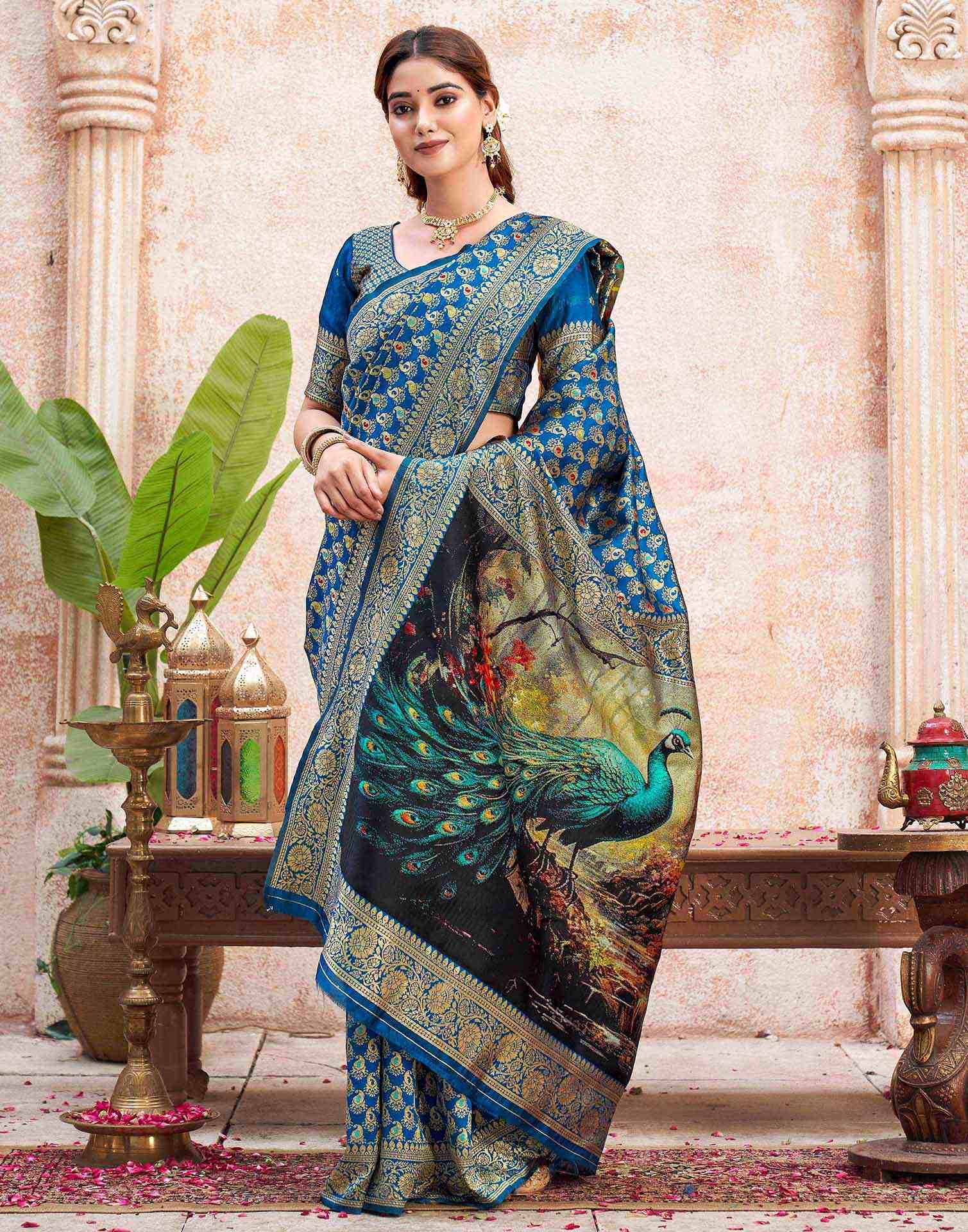 Peacock Blue Silk Woven Banarasi Saree - Image 5