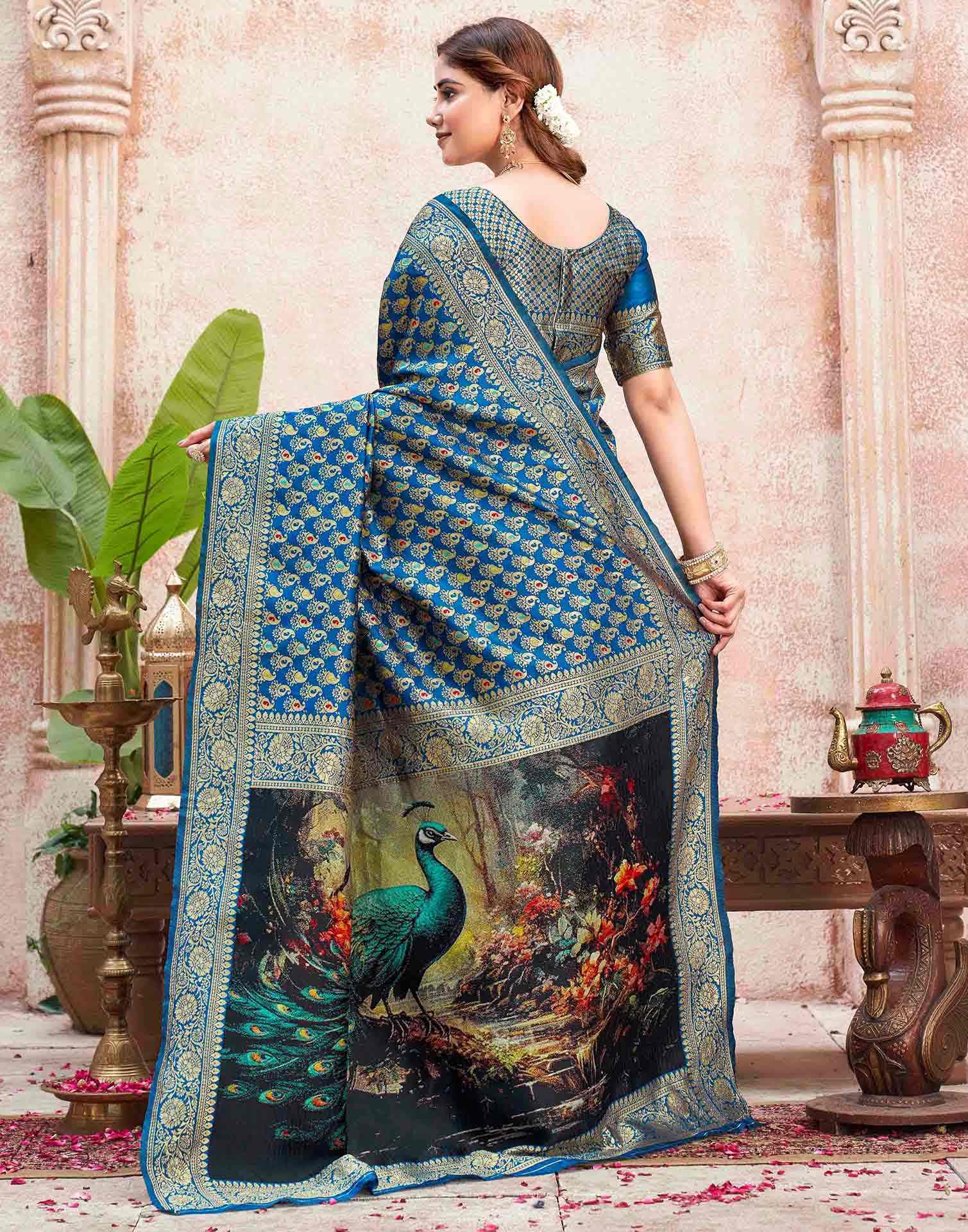 Peacock Blue Silk Woven Banarasi Saree - Image 6