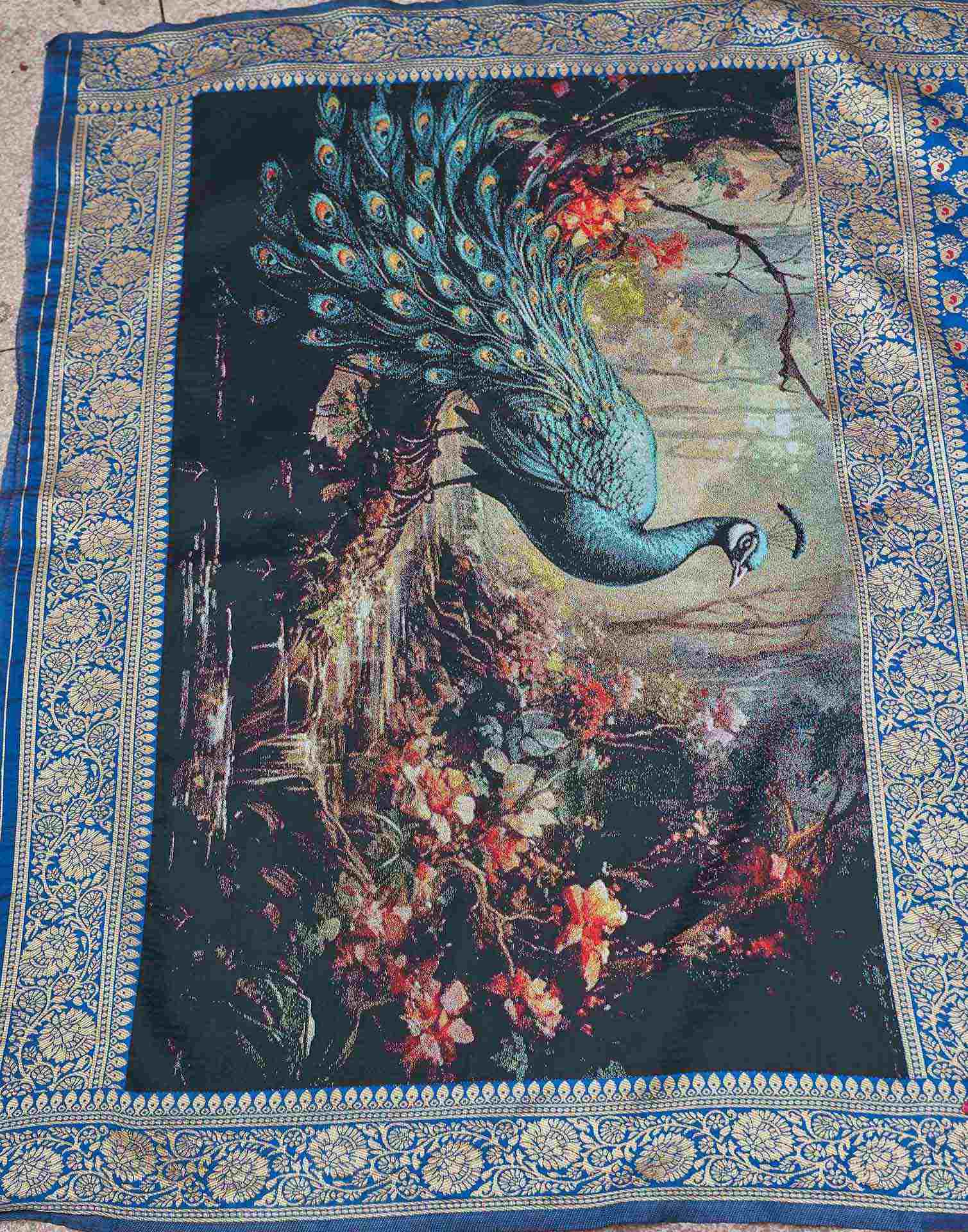 Peacock Blue Silk Woven Banarasi Saree - Image 7