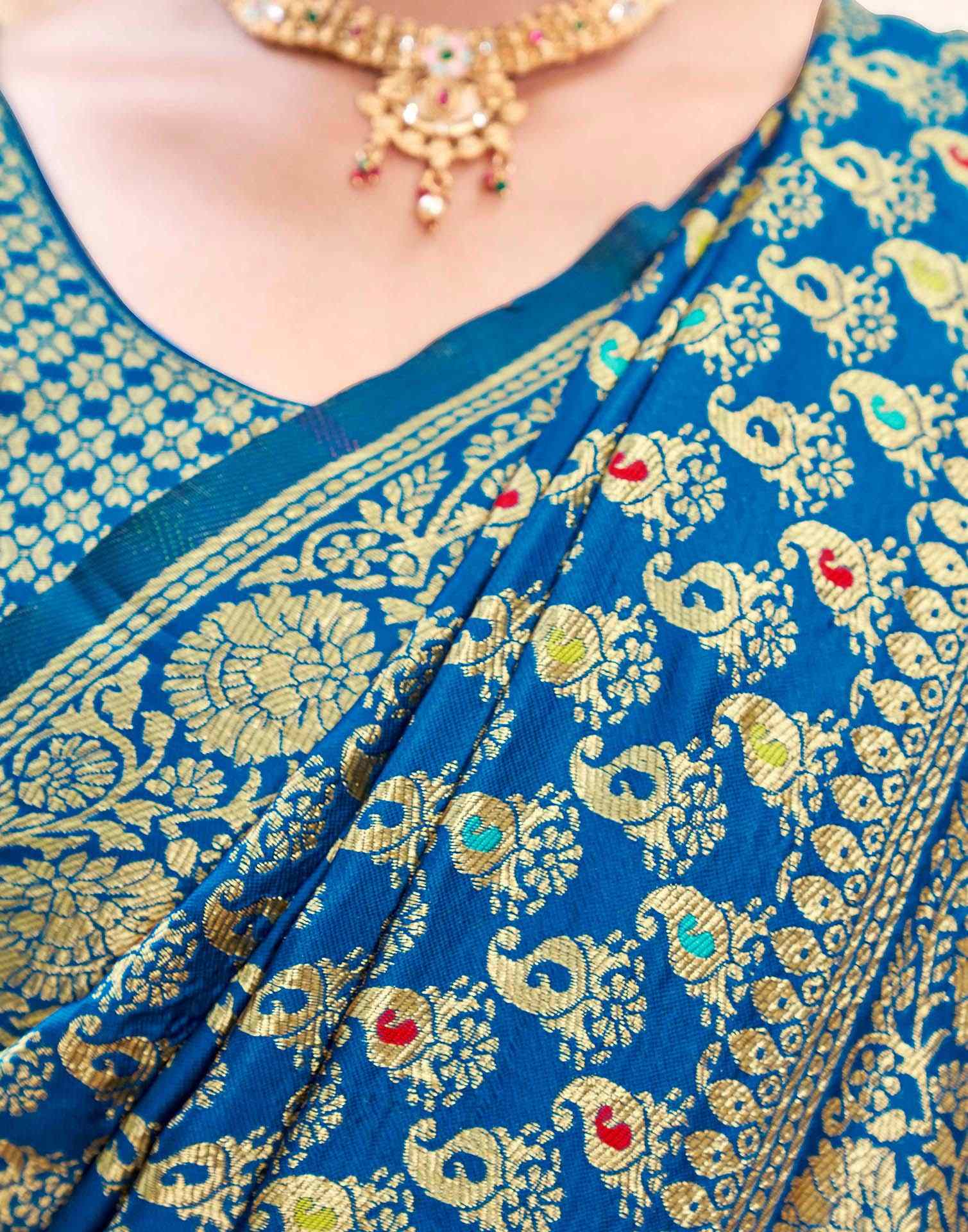 Peacock Blue Silk Woven Banarasi Saree - Image 8