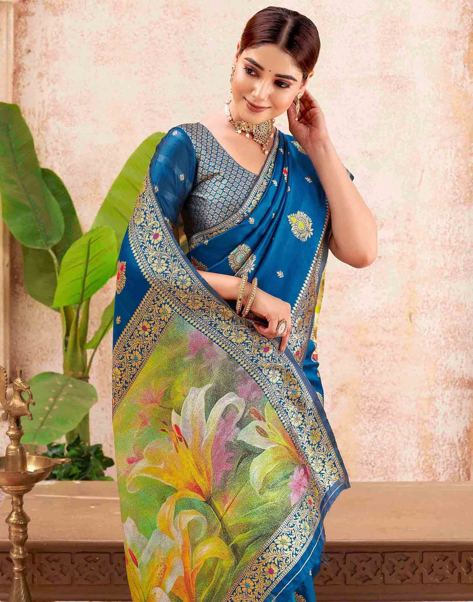 Peacock Blue Silk Woven Banarasi Saree - Image 2