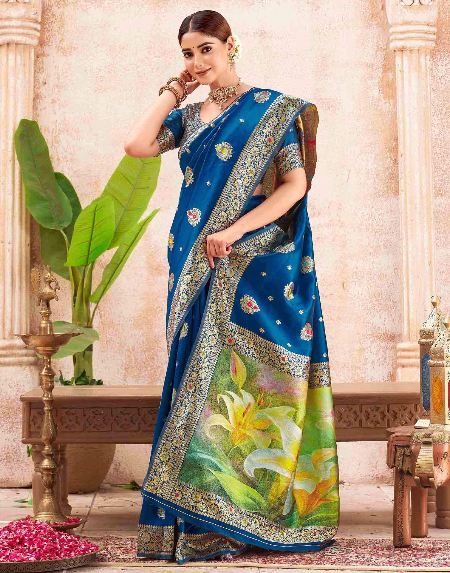 Peacock Blue Silk Woven Banarasi Saree - Image 5
