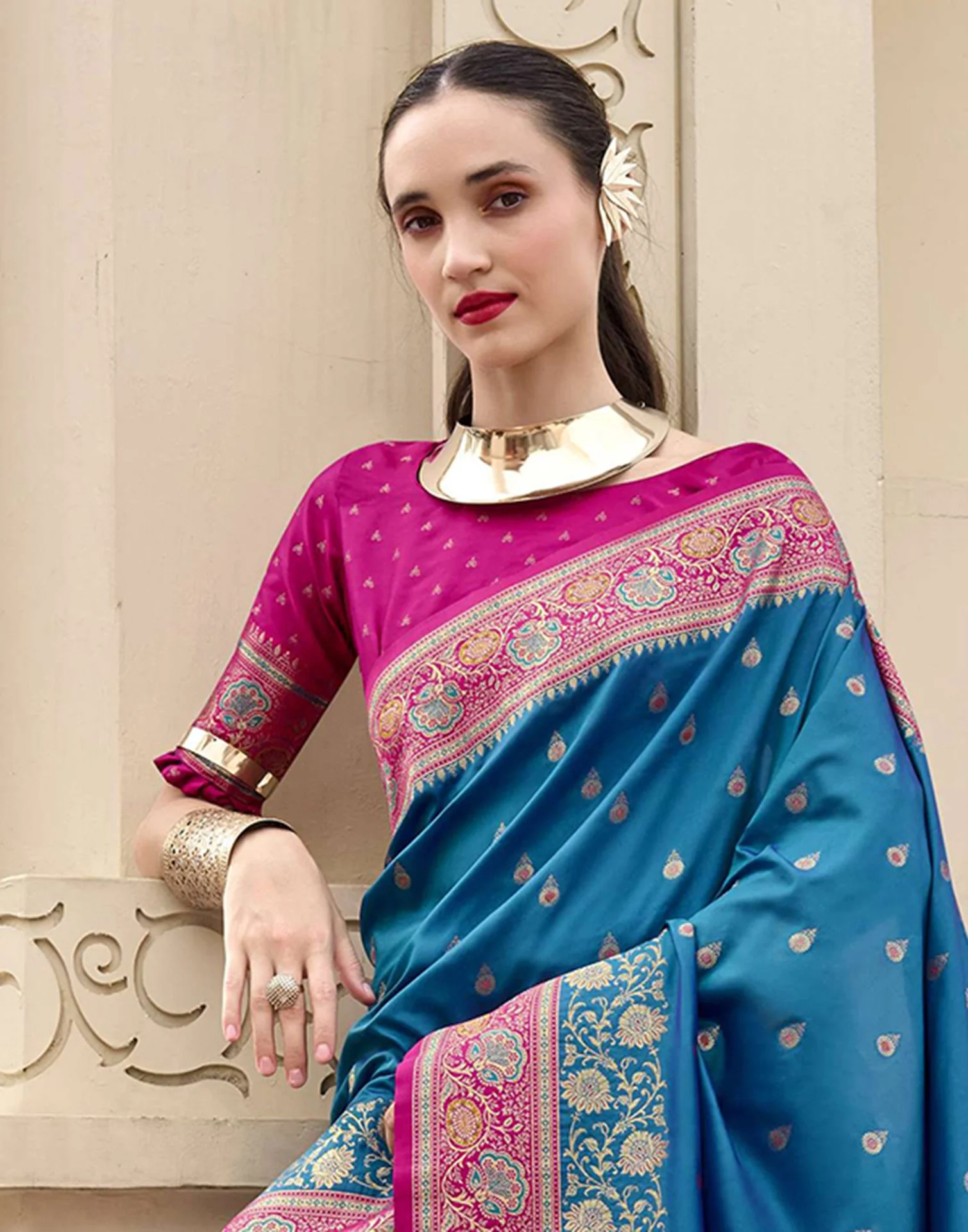 Peacock Blue Silk Woven Banarasi Saree - Image 2