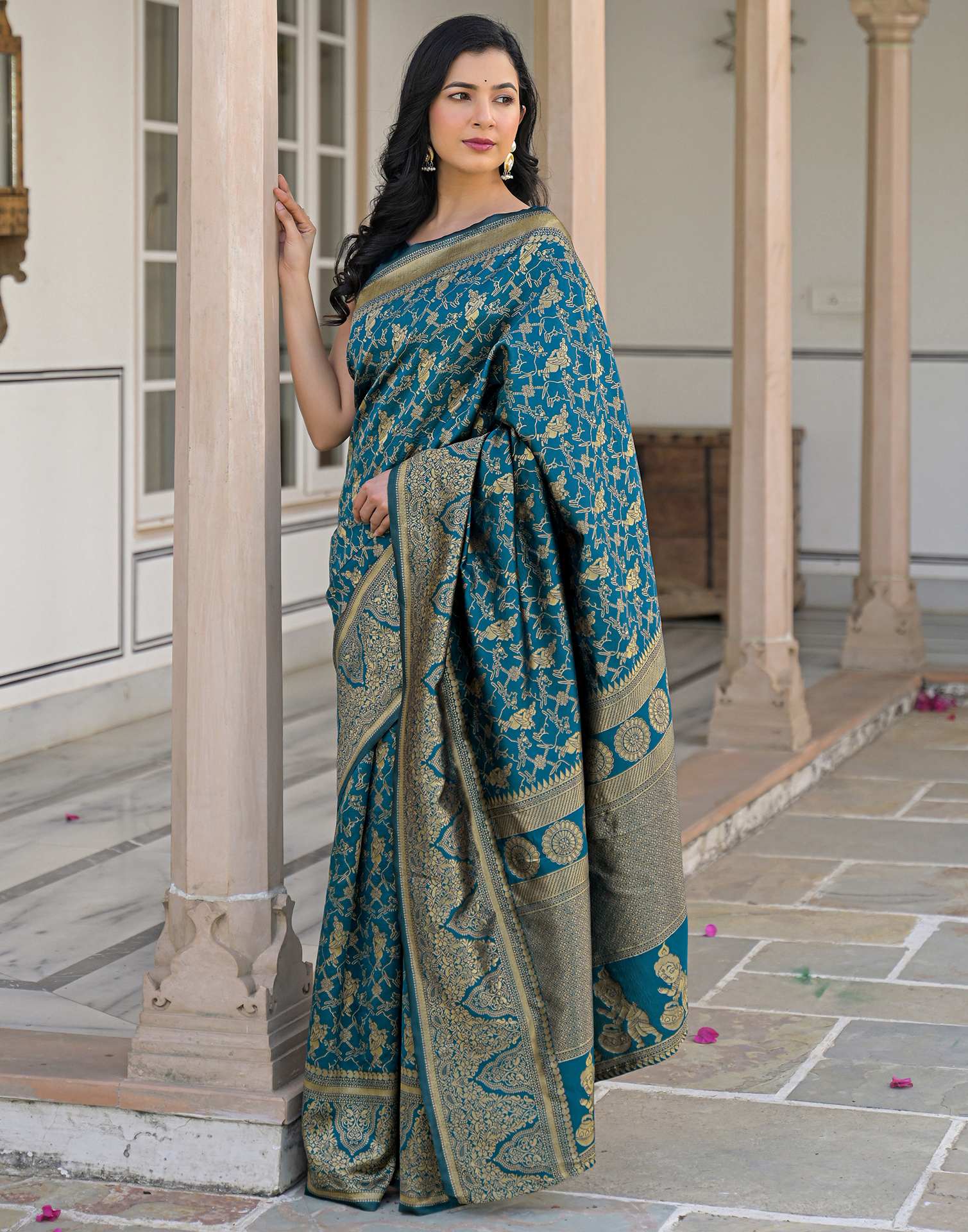 Peacock Blue Silk Woven Banarasi Saree - Image 5