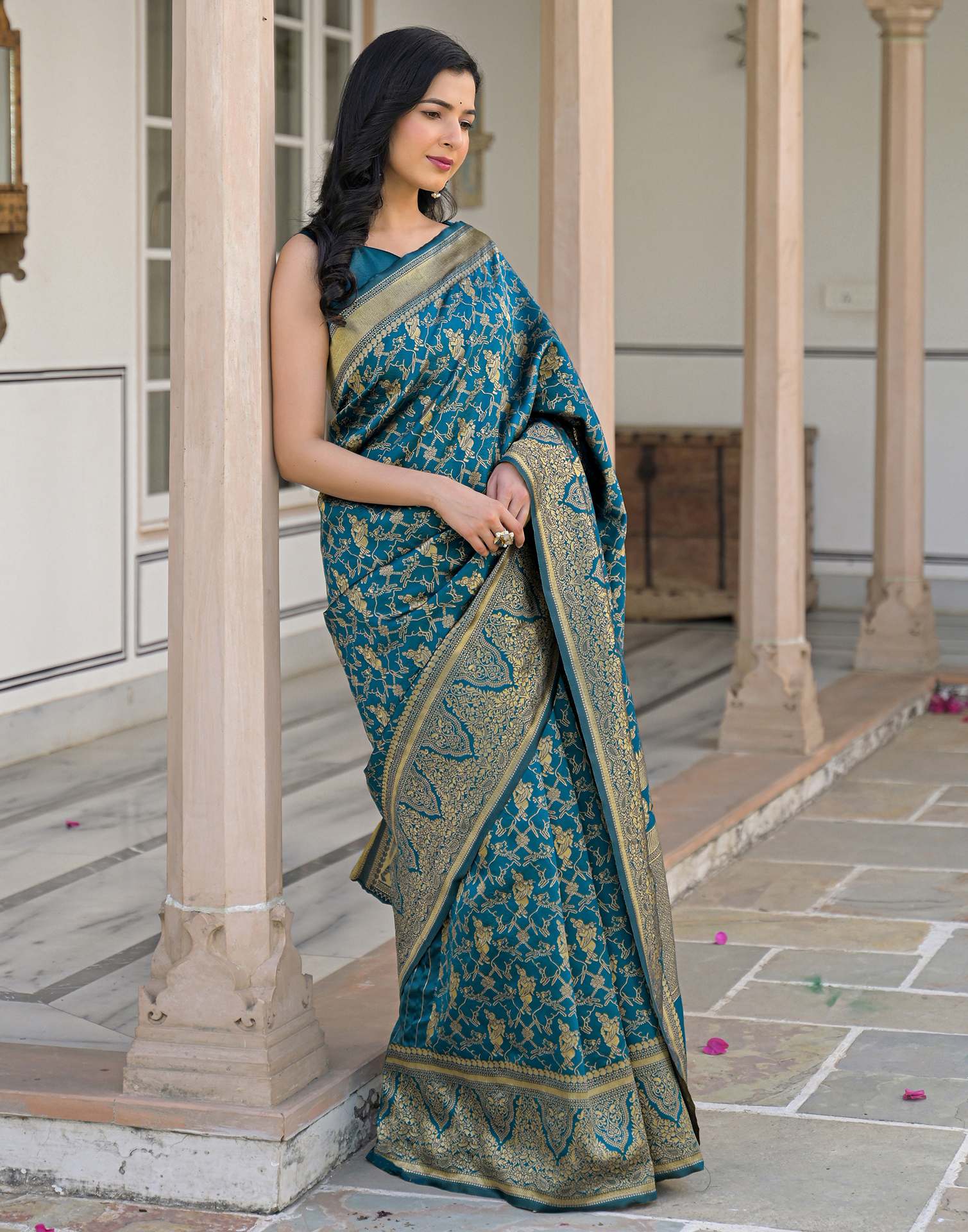 Peacock Blue Silk Woven Banarasi Saree - Image 8